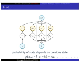 bio+stats vbem/networks hierarchical biological challenges inference model selection
hfret. . .
chris.wiggins@columbia.edu 4/23/12
probability of state depends on previous state
p(zt+ =l  zt =k) = Akl
 