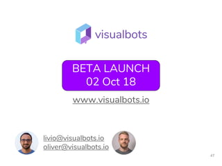 www.visualbots.io
47
BETA LAUNCH
02 Oct 18
livio@visualbots.io
oliver@visualbots.io
 