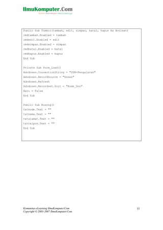 Komunitas eLearning IlmuKomputer.Com
Copyright © 2003-2007 IlmuKomputer.Com
11
Public Sub Tombol(tambah, edit, simpan, batal, hapus As Boolean)
cmdtambah.Enabled = tambah
cmdedit.Enabled = edit
cmdsimpan.Enabled = simpan
cmdbatal.Enabled = batal
cmdhapus.Enabled = hapus
End Sub
Private Sub Form_Load()
Adodosen.ConnectionString = "DSN=Pengajaran"
Adodosen.RecordSource = "Dosen"
Adodosen.Refresh
Adodosen.Recordset.Sort = "Kode_Dos"
Baru = False
End Sub
Public Sub Kosong()
txtkode.Text = ""
txtnama.Text = ""
txtalamat.Text = ""
txttelpon.Text = ""
End Sub
 