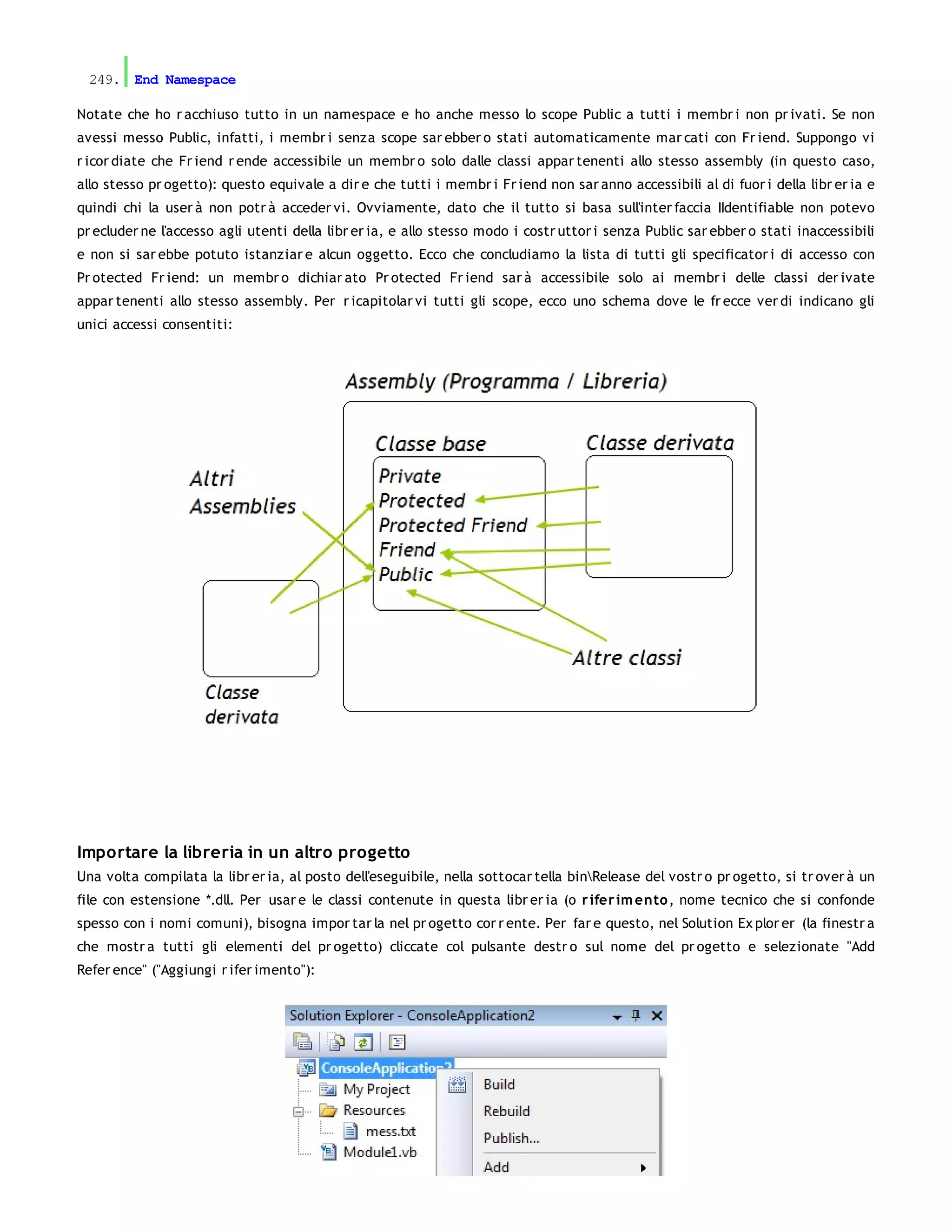 249. End Namespace

Notate che ho r acchiuso tutto in un namespace e ho anche messo lo scope Public a tutti i membr i non pr ivati. Se non
avessi messo Public, infatti, i membr i senza scope sar ebber o stati automaticamente mar cati con Fr iend. Suppongo vi
r icor diate che Fr iend r ende accessibile un membr o solo dalle classi appar tenenti allo stesso assembly (in questo caso,
allo stesso pr ogetto): questo equivale a dir e che tutti i membr i Fr iend non sar anno accessibili al di fuor i della libr er ia e
quindi chi la user à non potr à acceder vi. Ovviamente, dato che il tutto si basa sull'inter faccia IIdentifiable non potevo
pr ecluder ne l'accesso agli utenti della libr er ia, e allo stesso modo i costr uttor i senza Public sar ebber o stati inaccessibili
e non si sar ebbe potuto istanziar e alcun oggetto. Ecco che concludiamo la lista di tutti gli specificator i di accesso con
Pr otected Fr iend: un membr o dichiar ato Pr otected Fr iend sar à accessibile solo ai membr i delle classi der ivate
appar tenenti allo stesso assembly. Per r icapitolar vi tutti gli scope, ecco uno schema dove le fr ecce ver di indicano gli
unici accessi consentiti:




Importare la libreria in un altro progetto
Una volta compilata la libr er ia, al posto dell'eseguibile, nella sottocar tella binRelease del vostr o pr ogetto, si tr over à un
file con estensione *.dll. Per usar e le classi contenute in questa libr er ia (o r ifer im ento , nome tecnico che si confonde
spesso con i nomi comuni), bisogna impor tar la nel pr ogetto cor r ente. Per far e questo, nel Solution Ex plor er (la finestr a
che mostr a tutti gli elementi del pr ogetto) cliccate col pulsante destr o sul nome del pr ogetto e selezionate "Add
Refer ence" ("Aggiungi r ifer imento"):
 