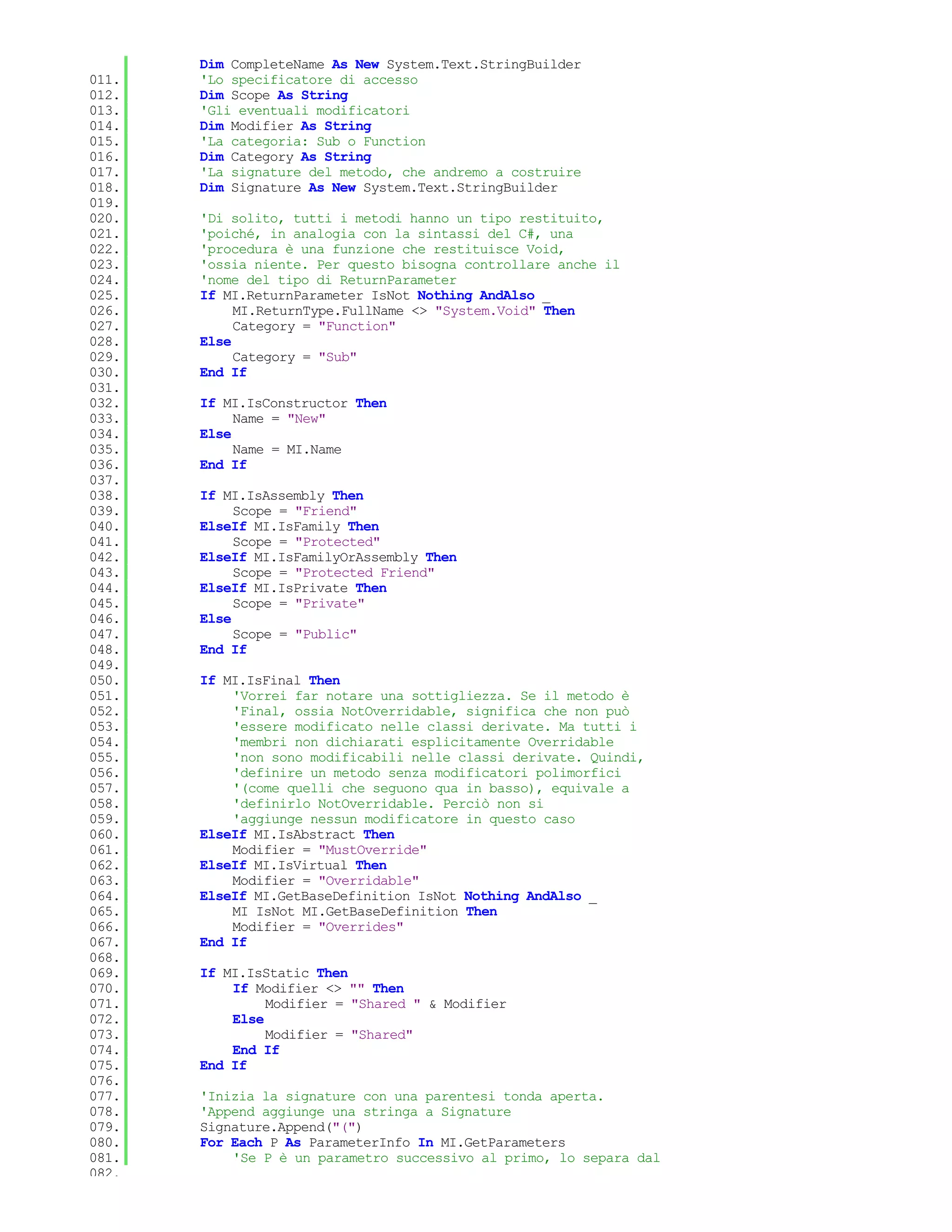 Dim CompleteName As New System.Text.StringBuilder
011.   'Lo specificatore di accesso
012.   Dim Scope As String
013.   'Gli eventuali modificatori
014.   Dim Modifier As String
015.   'La categoria: Sub o Function
016.   Dim Category As String
017.   'La signature del metodo, che andremo a costruire
018.   Dim Signature As New System.Text.StringBuilder
019.
020.   'Di solito, tutti i metodi hanno un tipo restituito,
021.   'poiché, in analogia con la sintassi del C#, una
022.   'procedura è una funzione che restituisce Void,
023.   'ossia niente. Per questo bisogna controllare anche il
024.   'nome del tipo di ReturnParameter
025.   If MI.ReturnParameter IsNot Nothing AndAlso _
026.        MI.ReturnType.FullName <> "System.Void" Then
027.        Category = "Function"
028.   Else
029.        Category = "Sub"
030.   End If
031.
032.   If MI.IsConstructor Then
033.        Name = "New"
034.   Else
035.        Name = MI.Name
036.   End If
037.
038.   If MI.IsAssembly Then
039.        Scope = "Friend"
040.   ElseIf MI.IsFamily Then
041.        Scope = "Protected"
042.   ElseIf MI.IsFamilyOrAssembly Then
043.        Scope = "Protected Friend"
044.   ElseIf MI.IsPrivate Then
045.        Scope = "Private"
046.   Else
047.        Scope = "Public"
048.   End If
049.
050.   If MI.IsFinal Then
051.       'Vorrei far notare una sottigliezza. Se il metodo è
052.       'Final, ossia NotOverridable, significa che non può
053.       'essere modificato nelle classi derivate. Ma tutti i
054.       'membri non dichiarati esplicitamente Overridable
055.       'non sono modificabili nelle classi derivate. Quindi,
056.       'definire un metodo senza modificatori polimorfici
057.       '(come quelli che seguono qua in basso), equivale a
058.       'definirlo NotOverridable. Perciò non si
059.       'aggiunge nessun modificatore in questo caso
060.   ElseIf MI.IsAbstract Then
061.       Modifier = "MustOverride"
062.   ElseIf MI.IsVirtual Then
063.       Modifier = "Overridable"
064.   ElseIf MI.GetBaseDefinition IsNot Nothing AndAlso _
065.       MI IsNot MI.GetBaseDefinition Then
066.       Modifier = "Overrides"
067.   End If
068.
069.   If MI.IsStatic Then
070.       If Modifier <> "" Then
071.            Modifier = "Shared " & Modifier
072.       Else
073.            Modifier = "Shared"
074.       End If
075.   End If
076.
077.   'Inizia la signature con una parentesi tonda aperta.
078.   'Append aggiunge una stringa a Signature
079.   Signature.Append("(")
080.   For Each P As ParameterInfo In MI.GetParameters
081.       'Se P è un parametro successivo al primo, lo separa dal
082.
 