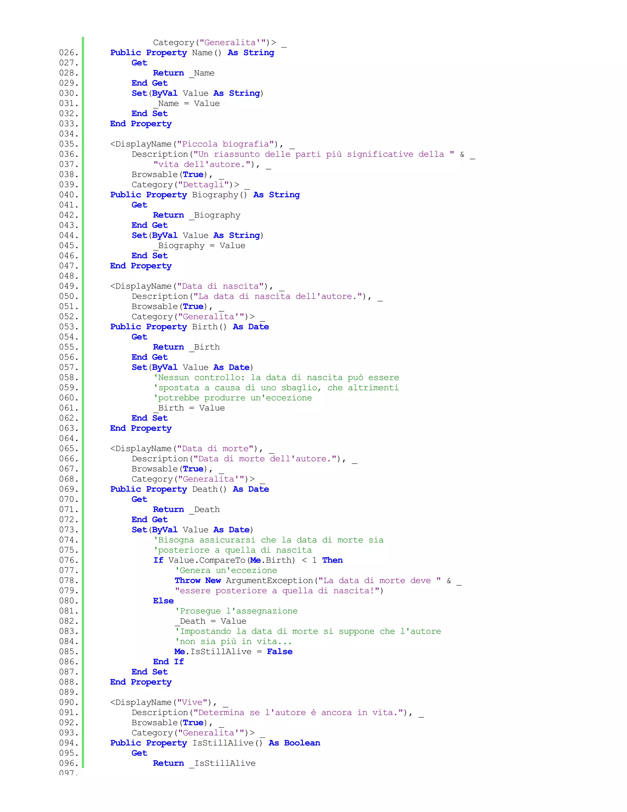 Category("Generalita'")> _
026.   Public Property Name() As String
027.       Get
028.           Return _Name
029.       End Get
030.       Set(ByVal Value As String)
031.           _Name = Value
032.       End Set
033.   End Property
034.
035.   <DisplayName("Piccola biografia"), _
036.       Description("Un riassunto delle parti più significative della " & _
037.           "vita dell'autore."), _
038.       Browsable(True), _
039.       Category("Dettagli")> _
040.   Public Property Biography() As String
041.       Get
042.           Return _Biography
043.       End Get
044.       Set(ByVal Value As String)
045.           _Biography = Value
046.       End Set
047.   End Property
048.
049.   <DisplayName("Data di nascita"), _
050.       Description("La data di nascita dell'autore."), _
051.       Browsable(True), _
052.       Category("Generalita'")> _
053.   Public Property Birth() As Date
054.       Get
055.           Return _Birth
056.       End Get
057.       Set(ByVal Value As Date)
058.           'Nessun controllo: la data di nascita può essere
059.           'spostata a causa di uno sbaglio, che altrimenti
060.           'potrebbe produrre un'eccezione
061.           _Birth = Value
062.       End Set
063.   End Property
064.
065.   <DisplayName("Data di morte"), _
066.       Description("Data di morte dell'autore."), _
067.       Browsable(True), _
068.       Category("Generalita'")> _
069.   Public Property Death() As Date
070.       Get
071.           Return _Death
072.       End Get
073.       Set(ByVal Value As Date)
074.           'Bisogna assicurarsi che la data di morte sia
075.           'posteriore a quella di nascita
076.           If Value.CompareTo(Me.Birth) < 1 Then
077.                'Genera un'eccezione
078.                Throw New ArgumentException("La data di morte deve " & _
079.                "essere posteriore a quella di nascita!")
080.           Else
081.                'Prosegue l'assegnazione
082.                _Death = Value
083.                'Impostando la data di morte si suppone che l'autore
084.                'non sia più in vita...
085.                Me.IsStillAlive = False
086.           End If
087.       End Set
088.   End Property
089.
090.   <DisplayName("Vive"), _
091.       Description("Determina se l'autore è ancora in vita."), _
092.       Browsable(True), _
093.       Category("Generalita'")> _
094.   Public Property IsStillAlive() As Boolean
095.       Get
096.           Return _IsStillAlive
097.
 