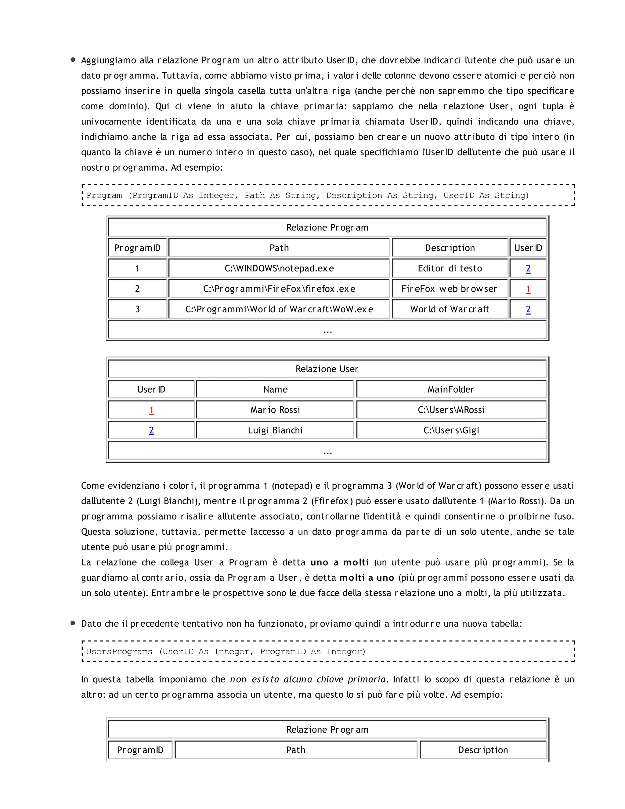 Aggiungiamo alla r elazione Pr ogr am un altr o attr ibuto User ID, che dovr ebbe indicar ci l'utente che può usar e un
dato pr ogr amma. Tuttavia, come abbiamo visto pr ima, i valor i delle colonne devono esser e atomici e per ciò non
possiamo inser ir e in quella singola casella tutta un'altr a r iga (anche per chè non sapr emmo che tipo specificar e
come dominio). Qui ci viene in aiuto la chiave pr imar ia: sappiamo che nella r elazione User , ogni tupla è
univocamente identificata da una e una sola chiave pr imar ia chiamata User ID, quindi indicando una chiave,
indichiamo anche la r iga ad essa associata. Per cui, possiamo ben cr ear e un nuovo attr ibuto di tipo inter o (in
quanto la chiave è un numer o inter o in questo caso), nel quale specifichiamo l'User ID dell'utente che può usar e il
nostr o pr ogr amma. Ad esempio:

 Program (ProgramID As Integer, Path As String, Description As String, UserID As String)


                                                   Relazione Pr ogr am

        Pr ogr amID                            Path                                  Descr iption           User ID

             1                     C:WINDOWSnotepad.ex e                         Editor di testo            2

             2                C:Pr ogr ammiFir eFox fir efox .ex e          Fir eFox w eb br ow ser        1

             3           C:Pr ogr ammiWor ld of War cr aftWoW.ex e            Wor ld of War cr aft         2

                                                            ...



                                                      Relazione User

             User ID                         Name                                    MainFolder

                 1                        Mar io Rossi                             C:User sMRossi

                 2                       Luigi Bianchi                              C:User sGigi

                                                            ...


Come evidenziano i color i, il pr ogr amma 1 (notepad) e il pr ogr amma 3 (Wor ld of War cr aft) possono esser e usati
dall'utente 2 (Luigi Bianchi), mentr e il pr ogr amma 2 (Ffir efox ) può esser e usato dall'utente 1 (Mar io Rossi). Da un
pr ogr amma possiamo r isalir e all'utente associato, contr ollar ne l'identità e quindi consentir ne o pr oibir ne l'uso.
Questa soluzione, tuttavia, per mette l'accesso a un dato pr ogr amma da par te di un solo utente, anche se tale
utente può usar e più pr ogr ammi.
La r elazione che collega User a Pr ogr am è detta uno a m o lti (un utente può usar e più pr ogr ammi). Se la
guar diamo al contr ar io, ossia da Pr ogr am a User , è detta m o lti a uno (più pr ogr ammi possono esser e usati da
un solo utente). Entr ambr e le pr ospettive sono le due facce della stessa r elazione uno a molti, la più utilizzata.


Dato che il pr ecedente tentativo non ha funzionato, pr oviamo quindi a intr odur r e una nuova tabella:

 UsersPrograms (UserID As Integer, ProgramID As Integer)


In questa tabella imponiamo che n on es is ta alcun a chiave primaria. Infatti lo scopo di questa r elazione è un
altr o: ad un cer to pr ogr amma associa un utente, ma questo lo si può far e più volte. Ad esempio:


                                                   Relazione Pr ogr am

        Pr ogr amID                                Path                                      Descr iption
 