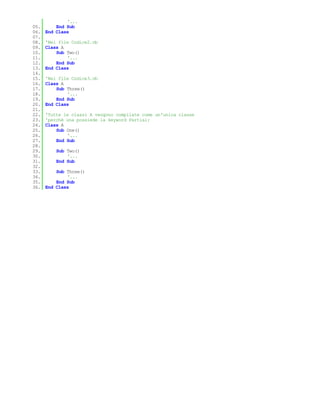'...
05.       End Sub
06.   End Class
07.
08.   'Nel file Codice2.vb
09.   Class A
10.       Sub Two()
11.           '...
12.       End Sub
13.   End Class
14.
15.   'Nel file Codice3.vb
16.   Class A
17.       Sub Three()
18.           '...
19.       End Sub
20.   End Class
21.
22.   'Tutte le classi A vengono compilate come un'unica classe
23.   'perchè una possiede la keyword Partial:
24.   Class A
25.       Sub One()
26.           '...
27.       End Sub
28.
29.       Sub Two()
30.           '...
31.       End Sub
32.
33.       Sub Three()
34.           '...
35.       End Sub
36.   End Class
 