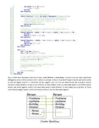 Set(ByVal Value As Int32)
   11.                      _Campo = Value
   12.                  End Set
   13.              End Property
   14.
   15.              'Restituisce una copia dell'oggetto
   16.              Public Function Clone() As Object Implements ICloneable.Clone
   17.                  'La funzione Protected MemberwiseClone, ereditata da
   18.                  'Object, esegue una copia superficiale dell'oggetto,
   19.                  'come spiegherò fra poco: è quello che
   20.                  'serve in questo caso
   21.                  Return Me.MemberwiseClone
   22.              End Function
   23.
   24.              'L'operatore = permette di definire de due oggetti hanno un
   25.              'valore uguale
   26.              Shared Operator =(ByVal O1 As UnOggetto, ByVal O2 As UnOggetto) As _
   27.                  Boolean
   28.                  Return O1.Campo = O2.Campo
   29.              End Operator
   30.
   31.            Shared Operator <>(ByVal O1 As UnOggetto, ByVal O2 As UnOggetto) As _
   32.                Boolean
   33.                Return Not (O1 = O2)
   34.            End Operator
   35.        End Class
   36.
   37.        Sub Main()
   38.            Dim O1 As New UnOggetto
   39.            Dim O2 As UnOggetto = O1.Clone
   40.
   41.              'I due oggetti NON sono lo stesso oggetto: il secondo
   42.              'è solo una copia, disgiunta da O1
   43.              Console.WriteLine(O1 Is O2)
   44.              '> False
   45.
   46.              'Tuttavia hanno lo stesso identico valore
   47.              Console.WriteLine(O1 = O2)
   48.              '> True
   49.
   50.            Console.ReadKey()
   51.        End Sub
   52. End    Module

Or a, è impor tante distinguer e due tipi di copia: quella Shallo w e quella Deep. La pr ima cr ea una copia super ficiale
dell'oggetto, ossia si limita a clonar e tutti i campi. La seconda, invece, è in gr ado di eseguir e questa oper azione anche
su tutti gli oggetti inter ni e i r ifer imenti ad altr i oggetti: così, se si ha una classe Per son che al pr opr io inter no
contiene il campo Childer n, di tipo ar r ay di Per son, la copia Shallow cr eer à un clone della classe in cui Childr en punta
sempr e allo stesso oggetto, mentr e una copia Deep cloner à anche Childr en. Si nota meglio con un gr afico: le fr ecce
ver di indicano oggetti clonati, mentr e la fr eccia ar ancio si r ifer isce allo stesso oggetto.
 