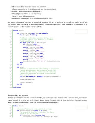 IsPr imitive : deter mina se è uno dei tipi pr imitivi;
       IsPublic : deter mina se il tipo è Public (solo per tipi non nidificati);
       IsSealed : deter mina se è una classe sigillata;
       IsValueType : deter mina se è un tipo value;
       Name : il nome del tipo cor r ente;
       Namespace : il namespace in cui è contenuto il tipo cor r ente.

Con questa abbondante manciata di pr opr ietà possiamo iniziar e a scr iver e un metodo di analisi un po' più
appr ofondito. Nella fattispecie, la pr ossima pr ocedur a Enumer ateTypes accetta come par ametr o il r ifer imento ad un
assembly e scr ive a scher mo tutti i tipi ivi definiti:

   01. Module Module1
   02.
   03.     Sub EnumerateTypes(ByVal Asm As Assembly)
   04.         Dim Category As String
   05.
   06.         'GetTypes restituisce un array di Type che
   07.         'indicano tutti i tipi definiti all'interno
   08.         'dell'assembly Asm
   09.         For Each T As Type In Asm.GetTypes
   10.              If T.IsClass Then
   11.                  Category = "Class"
   12.              ElseIf T.IsInterface Then
   13.                  Category = "Interface"
   14.              ElseIf T.IsEnum Then
   15.                  Category = "Enumerator"
   16.              ElseIf T.IsValueType Then
   17.                  Category = "Structure"
   18.              ElseIf T.IsPrimitive Then
   19.                  Category = "Base Type"
   20.              End If
   21.              Console.WriteLine("{0} ({1})", T.Name, Category)
   22.         Next
   23.     End Sub
   24.
   25.     Sub Main()
   26.         'Ottiene un riferimento all'assembly in esecuzione,
   27.         'quindi al programma. Non otterrete molti tipi
   28.         'usando questo codice, a meno che il resto del
   29.         'modulo non sia pieno di codice vario come nel
   30.         'mio caso XD
   31.         Dim Asm As Assembly = Assembly.GetExecutingAssembly()
   32.
   33.         EnumerateTypes(Asm)
   34.
   35.         Console.ReadKey()
   36.     End Sub
   37.
   38. End Module




Il nostro pic c olo segreto
Pr ima di pr oceder e con l'enumer azione dei membr i, vor r ei mostr ar e che in r ealtà tutti i tipi sono classi, soltanto con
r egole "speciali" di er editar ietà e di sintassi. Questo codice r intr accia tutte le classi basi di un tipo, costr uendone
l'alber o di er editar ietà fino alla r adice (che sar à ovviamente System.Object):

   01. Module Module1
   02.
   03.     'Analizza l'albero di ereditarietà di un tipo
   04.     Sub AnalyzeInheritance(ByVal T As Type)
   05.         'La proprietà BaseType restituisce la classe
   06.         'base da cui T è derivata
   07.         If T.BaseType IsNot Nothing Then
   08.              Console.WriteLine("> " & T.BaseType.FullName)
   09.
 