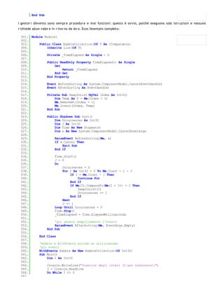 End Sub

I gestor i d'evento sono sempr e pr ocedur e e mai funzioni: questo è ovvio, poiché eseguono solo istr uzioni e nessuno
r ichiede alcun valor e in r itor no da lor o. Ecco l'esempio completo:

 001. Module Module1
 002.
 003.     Public Class BubbleCollection(Of T As IComparable)
 004.         Inherits List(Of T)
 005.
 006.         Private _TimeElapsed As Single = 0
 007.
 008.         Public ReadOnly Property TimeElapsed() As Single
 009.              Get
 010.                  Return _TimeElapsed
 011.              End Get
 012.         End Property
 013.
 014.         Event BeforeSorting As System.ComponentModel.CancelEventHandler
 015.         Event AfterSorting As EventHandler
 016.
 017.         Private Sub SwapInList(ByVal Index As Int32)
 018.              Dim Temp As T = Me(Index + 1)
 019.              Me.RemoveAt(Index + 1)
 020.              Me.Insert(Index, Temp)
 021.         End Sub
 022.
 023.         Public Shadows Sub Sort()
 024.              Dim Occurrences As Int32
 025.              Dim J As Int32
 026.              Dim Time As New Stopwatch
 027.              Dim e As New System.ComponentModel.CancelEventArgs
 028.
 029.              RaiseEvent BeforeSorting(Me, e)
 030.              If e.Cancel Then
 031.                  Exit Sub
 032.              End If
 033.
 034.              Time.Start()
 035.              J = 0
 036.              Do
 037.                  Occurrences = 0
 038.                  For I As Int32 = 0 To Me.Count - 1 - J
 039.                       If I = Me.Count - 1 Then
 040.                           Continue For
 041.                       End If
 042.                       If Me(I).CompareTo(Me(I + 1)) = 1 Then
 043.                           SwapInList(I)
 044.                           Occurrences += 1
 045.                       End If
 046.                  Next
 047.                  J += 1
 048.              Loop Until Occurrences = 0
 049.              Time.Stop()
 050.              _TimeElapsed = Time.ElapsedMilliseconds
 051.
 052.              'Qui genera semplicemente l'evento
 053.              RaiseEvent AfterSorting(Me, EventArgs.Empty)
 054.         End Sub
 055.
 056.     End Class
 057.
 058.     'Bubble è WithEvents poiché ne utilizzeremo
 059.     'gli eventi
 060.     WithEvents Bubble As New BubbleCollection(Of Int32)
 061.     Sub Main()
 062.         Dim I As Int32
 063.
 064.         Console.WriteLine("Inserire degli interi (0 per terminare):")
 065.         I = Console.ReadLine
 066.         Do While I <> 0
 067.
 