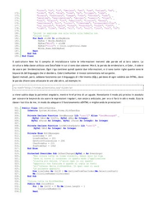 "outer", "on", "is", "declare", "set", "use", "values", "as", _
 172.             "order", "by", "drop", "view", "go", "trigger", "cube", _
 173.             "binary", "varbinary", "image", "char", "varchar", "text", _
 174.             "datetime", "smalldatetime", "decimal", "numeric", "float", _
 175.             "real", "bigint", "int", "smallint", "tinyint", "money", _
 176.             "smallmoney", "bit", "cursor", "timestamp", "uniqueidentifier", _
 177.             "sql_variant", "table", "nchar", "nvarchar", "ntext", "left", _
 178.             "right", "like", "and", "all", "in", "null", "join", "not", "or"}
 179.
 180.         'Quindi le aggiunge una alla volta alla tabella con
 181.         'colore rosso
 182.         For Each strKW In arrKeyWords
 183.              MyRow = Words.NewRow()
 184.              MyRow("Word") = strKW
 185.              MyRow("Color") = Color.LightCoral.Name
 186.              Words.Rows.Add(MyRow)
 187.         Next
 188.     End Sub
 189. End Class

Il costr uttor e New ha il compito di inizializzar e tutte le infor mazioni iner enti alle par ole ed al lor o color e. La
str uttur a della classe utilizza una DataTable in cui ci sono due colonne: Wor d, la par ola da evidenziar e, e Color , il color e
da usar e per l'evidenziazione. Ogni r iga contiene quindi queste due infor mazioni, e ci sono tante r ighe quante sono le
keyw or ds del linguaggio che si desider a. Color LineNumber è invece commentata nel sor gente.
Questi metodi, per ò, sebbene funzionino con il linguaggio di r ifer imento (SQL), per dono di ogni validità con l'HTML, dove
le par ola chiave sono attaccate le une alle altr e, ad esempio in:

 <a href='http://totem.altervista.org'>Link</a>


a viene subito dopo la par entesi angolar e, mentr e hr ef pr ima di un uguale. Nonostante il modo più pr eciso in assoluto
per scovar e le keyw or ds sia usar e le espr essioni r egolar i, non ancor a anlizzate, per or a si far à in altr o modo. Ecco la
classe r iscr itta da me, in modo da adeguar e il funzionamento all'HTML e miglior ando le pr estazioni:

 001. Public Class SHRichTextBox
 002.     Inherits System.Windows.Forms.RichTextBox
 003.
 004.     Private Declare Function SendMessage Lib "user32" Alias "SendMessageA" _
 005.        (ByVal hWnd As IntPtr, ByVal wMsg As Integer, _
 006.        ByVal wParam As Integer, ByVal lParam As Integer) As Integer
 007.
 008.     Private Declare Function LockWindowUpdate Lib "user32" _
 009.         (ByVal hWnd As Integer) As Integer
 010.
 011.     Private Enum EditMessages
 012.         LineIndex = 187
 013.         LineFromChar = 201
 014.         GetFirstVisibleLine = 206
 015.         CharFromPos = 215
 016.         PosFromChar = 1062
 017.     End Enum
 018.
 019.     Protected Overrides Sub OnTextChanged(ByVal e As EventArgs)
 020.         'Non colora tutte le linee visibili, bensì solo la riga
 021.         'dove si trova il cursorse: in questo modo l'applicazione
 022.         'risulta più veloce. L'unico caso in cui questo
 023.         'approccio non funzione è quando si copia un testo
 024.         'all'interno della richtextbox. In quel caso ci sarà
 025.         'un pulsante apposito
 026.         Dim LineIndex As Int32 = Me.GetLineFromCharIndex(Me.SelectionStart)
 027.         Me.ColorLineNumber(LineIndex)
 028.     End Sub
 029.
 030.     'Colora tutta la RichTextBox
 031.     Public Sub ColorRtb()
 032.         For I As Int32 = 0 To Me.Lines.Length - 1
 033.              ColorLineNumber(I)
 034.         Next
 035.
 