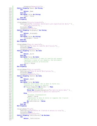 Category("Generalita'")> _
026.   Public Property Name() As String
027.       Get
028.           Return _Name
029.       End Get
030.       Set(ByVal Value As String)
031.           _Name = Value
032.       End Set
033.   End Property
034.
035.   <DisplayName("Piccola biografia"), _
036.       Description("Un riassunto delle parti più significative della " & _
037.           "vita dell'autore."), _
038.       Browsable(True), _
039.       Category("Dettagli")> _
040.   Public Property Biography() As String
041.       Get
042.           Return _Biography
043.       End Get
044.       Set(ByVal Value As String)
045.           _Biography = Value
046.       End Set
047.   End Property
048.
049.   <DisplayName("Data di nascita"), _
050.       Description("La data di nascita dell'autore."), _
051.       Browsable(True), _
052.       Category("Generalita'")> _
053.   Public Property Birth() As Date
054.       Get
055.           Return _Birth
056.       End Get
057.       Set(ByVal Value As Date)
058.           'Nessun controllo: la data di nascita può essere
059.           'spostata a causa di uno sbaglio, che altrimenti
060.           'potrebbe produrre un'eccezione
061.           _Birth = Value
062.       End Set
063.   End Property
064.
065.   <DisplayName("Data di morte"), _
066.       Description("Data di morte dell'autore."), _
067.       Browsable(True), _
068.       Category("Generalita'")> _
069.   Public Property Death() As Date
070.       Get
071.           Return _Death
072.       End Get
073.       Set(ByVal Value As Date)
074.           'Bisogna assicurarsi che la data di morte sia
075.           'posteriore a quella di nascita
076.           If Value.CompareTo(Me.Birth) < 1 Then
077.                'Genera un'eccezione
078.                Throw New ArgumentException("La data di morte deve " & _
079.                "essere posteriore a quella di nascita!")
080.           Else
081.                'Prosegue l'assegnazione
082.                _Death = Value
083.                'Impostando la data di morte si suppone che l'autore
084.                'non sia più in vita...
085.                Me.IsStillAlive = False
086.           End If
087.       End Set
088.   End Property
089.
090.   <DisplayName("Vive"), _
091.       Description("Determina se l'autore è ancora in vita."), _
092.       Browsable(True), _
093.       Category("Generalita'")> _
094.   Public Property IsStillAlive() As Boolean
095.       Get
096.           Return _IsStillAlive
097.
 