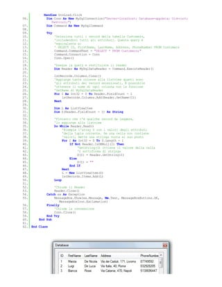 Handles btnLoad.Click
06.         Dim Conn As New MySqlConnection("Server=localhost; Database=appdata; Uid=root;
               Pwd=root;")
07.         Dim Command As New MySqlCommand
08.
09.         Try
10.               'Seleziona tutti i record della tabella Customers,
11.               'includendovi tutti gli attributi. Questa query è
12.               'equivalente a:
13.               ' SELECT ID, FirstName, LastName, Address, PhoneNumber FROM Customers
14.               Command.CommandText = "SELECT * FROM Customers;"
15.               Command.Connection = Conn
16.               Conn.Open()
17.
18.               'Esegue la query e restituisce il reader
19.               Dim Reader As MySqlDataReader = Command.ExecuteReader()
20.
21.               lstRecords.Columns.Clear()
22.               'Aggiunge tante colonne alla listview quanti sono
23.               'gli attributi dei record selezionati. È possibile
24.               'ottenere il nome di ogni colonna con la funzione
25.               'GetName di MySqlDataReader
26.               For I As Int32 = 0 To Reader.FieldCount - 1
27.                    lstRecords.Columns.Add(Reader.GetName(I))
28.               Next
29.
30.               Dim L As ListViewItem
31.               Dim S(Reader.FieldCount - 1) As String
32.
33.               'Fintanto che c'è qualche record da leggere,
34.               'lo aggiunge alla listview
35.               Do While Reader.Read()
36.                    'Riempie l'array S con i valori degli attributi
37.                    'della tupla corrente. Se una cella non contiene
38.                    'valori, mette una stringa vuota al suo posto
39.                    For I As Int32 = 0 To S.Length - 1
40.                         If Not Reader.IsDBNull(I) Then
41.                              'GetString(I) ottiene il valore della cella
42.                              'I sottoforma di stringa
43.                              S(I) = Reader.GetString(I)
44.                         Else
45.                              S(I) = ""
46.                         End If
47.                    Next
48.                    L = New ListViewItem(S)
49.                    lstRecords.Items.Add(L)
50.               Loop
51.
52.             'Chiude il Reader
53.             Reader.Close()
54.         Catch ex As Exception
55.             MessageBox.Show(ex.Message, Me.Text, MessageBoxButtons.OK,
                   MessageBoxIcon.Exclamation)
56.         Finally
57.             'Chiude la connessione
58.             Conn.Clone()
59.         End Try
60.     End Sub
61.
62. End Class
 