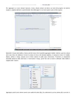 Per aggiunger e un nuovo dataset tipizzato, invece, cliccate sempr e col destr o sul nome del pr ogetto nel solution
ex plor er , scegliete Add Item e quindi DataSet. Dovr ebbe appar ir vi un nuovo spazio vuoto simile a questo:




Spostando il mouse sulla toolbox a fianco, potr ete notar e che è possibile aggiunger e tabelle, r elazioni, quer ies e alcune
altr e cose. Dato che dobbiamo r icr ear e la stessa str uttur a del database AppData, è necessar io cr ear e tr e tabelle:
Albums, Author s e Songs, ciascuna con le stesse colonne di quelle sopr a menzionate. Tr ascinate un componente
DataTable all'inter no della scher mata e r inominatelo in Songs, quindi fate click col destr o sull'header della tabella e
scegliete Add > Column:




Aggiungete quindi tante colonne quante sono quelle del codice SQL. Or a selezionate la pr ima colonna (ID) e por tate in
 