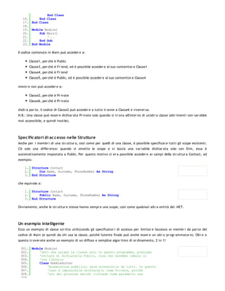 End Class
   16.     End Class
   17. End Class
   18.
   19. Module Module1
   20.     Sub Main()
   21.         '...
   22.     End Sub
   23. End Module

Il codice contenuto in Main può acceder e a:

       Classe1, per chè è Public
       Classe3, per chè è Fr iend, ed è possibile acceder e al suo contenitor e Classe1
       Classe4, per chè è Fr iend
       Classe5, per chè è Public, ed è possibile acceder e al suo contenitor e Classe4

mentr e non può acceder e a:

       Classe2, per chè è Pr ivate
       Classe6, per chè è Pr ivate

d'altr a par te, il codice di Classe2 può acceder e a tutto tr anne a Classe6 e vicever sa.
N.B.: Una classe può esser e dichiar ata Pr ivate solo quando si tr ova all'inter no di un'altr a classe (altr imenti non sar ebbe
mai accessibile, e quindi inutile).




Spec ific atori di ac c esso nelle Strutture
Anche per i membr i di una str uttur a, così come per quelli di una classe, è possibile specificar e tutti gli scope esistenti.
C'è solo una differ enza: quando si omette lo scope e si lascia una var iabile dichiar ata solo con Dim, essa è
automaticamente impostata a Public. Per questo motivo ci er a possibile acceder e ai campi della str uttur a Contact, ad
esempio:

    1. Structure Contact
    2.     Dim Name, Surname, PhoneNumber As String
    3. End Structure

che equivale a:

    1. Structure Contact
    2.     Public Name, Surname, PhoneNumber As String
    3. End Structure

Ovviamente, anche le str uttur e stesse hanno sempr e uno scope, così come qualsiasi altr a entità del .NET.




Un esempio intelligente
Ecco un esempio di classe scr itta utilizzando gli specificator i di accesso per limitar e l'accesso ai membr i da par te del
codice di Main (e quindi da chi usa la classe, poiché l'utente finale può anche esser e un altr o pr ogr ammator e). Oltr e a
questo tr over ete anche un esempio di un diffuso e semplice algor itmo di or dinamento, 2 in 1!

 001. Module Module1
 002.     'Dato che usiamo la classe solo in questo programma, possiamo
 003.     'evitare di dichiararla Public, cosa che sarebbe ideale in
 004.     'una libreria
 005.     Class BubbleSorter
 006.         'Enumeratore pubblico: sarà accessibile da tutti. In questo
 007.         'caso è impossibile dichiararlo come Private, poiché
 008.         'uno dei prossimi metodi richiede come parametro una
 009.
 
