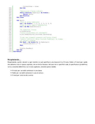 CurrentOrder = Order
 082.              End Sub
 083.
 084.             'Restituisce l'array ordinato
 085.             Public Function PopArray() As Double()
 086.                 Return Buffer
 087.             End Function
 088.         End Class
 089.
 090.         Sub Main()
 091.             'Crea un    array temporaneo
 092.             Dim a As    Double() = {1, 6, 2, 9, 3, 4, 8}
 093.             'Crea un    nuovo oggetto BubbleSorter
 094.             Dim b As    New BubbleSorter()
 095.
 096.              'Vi inserisce l'array
 097.              b.PushArray(a)
 098.              'Invoca la procedura di ordinamento
 099.              b.Sort(BubbleSorter.SortOrder.Descending)
 100.
 101.              'E per ogni elemento presente nell'array finale
 102.              '(quello restituito dalla funzione PopArray), ne stampa
 103.              'il valore a schermo
 104.              For Each n As Double In (b.PopArray())
 105.                   Console.Write(n & " ")
 106.              Next
 107.
 108.             Console.ReadKey()
 109.         End Sub
 110. End     Module




Ric apitolando...
Ricapitolando, quindi, davanti a ogni membr o si può specificar e una keyw or d tr a Pr ivate, Public e Fr iend (per quello
che abbiamo visto in questo capitolo), che ne limita l'accesso. Nel caso non si specifichi nulla, lo specificator e pr edefinito
var ia a seconda dell'entità a cui è stato applicato, secondo questa tabella:

       Pr ivate per var iabili contenute in una classe
       Public per var iabili contenute in una str uttur a
       Fr iend per tutte le altr e entità
 