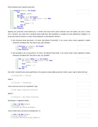 Come esempio user ò questa pr opr ietà:

   01. Property Number() As Single
   02.     Get
   03.         Return _Number
   04.     End Get
   05.     Set(ByVal value As Single)
   06.         If (value > 30) And (value < 100) Then
   07.              _Number = value
   08.         Else
   09.              _Number = 31
   10.         End If
   11.     End Set
   12. End Property

Quando una pr opr ietà viene dichiar ata, ci sembr a che essa esista come un'entità unica nel codice, ed è più o meno
ver o. Tuttavia, una volta che il sor gente passa nelle fauci del compilator e, succede una cosa abbastanza singolar e. La
pr opr ietà cessa di esister e e viene invece spezzata in due elementi distinti:

          Una funzione senza par ametr i, di nome "get_[Nome Pr opr ietà]", il cui cor po viene cr eato copiando il codice
          contenuto nel blocco Get. Nel nostr o caso, get_Number :

              1. Function get_Number() As Single
              2.     Return _Number
              3. End Function

          Una pr ocedur a con un par ametr o, di nome "set_[Nome Pr opr ietà]", il cui cor po viene cr eato copiando il codice
          contenuto nel blocco Set. Nel nostr o caso, set_Number :

              1. Sub set_Number(ByVal value As Single)
              2.     If (value > 30) And (value < 100) Then
              3.          _Number = value
              4.     Else
              5.          _Number = 31
              6.     End If
              7. End Sub

Entr ambi i metodi hanno come specificator e di accesso lo stesso della pr opr ietà. Inoltr e, ogni r iga di codice del tipo

    1. [Proprietà] = [Valore]

oppur e

    1. [Valore] = [Proprietà]

viene sostituita con la cor r ispondente r iga:

    1. set_[Nome Proprietà]([Valore])

oppur e:

    1. [Valore] = get_[Nome Proprietà]

Ad esempio, il seguente codice:

    1. Dim A As New Example
    2. A.Number = 20
    3. Console.WriteLine(A.Number)

viene tr asfor mato, dur ante la compilazione, in:

    1. Dim A As New Example
    2. A.set_Number(20)
    3. Console.WriteLine(A.get_Number())
 