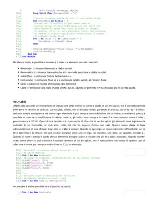 Cmd = Console.ReadKey().KeyChar
   30.         Loop Until Char.ToLower(Cmd) = "y"
   31.
   32.         'Calcola la massa totale di tutti i cubi nella lista
   33.         Dim TotalMass As Single = 0
   34.         'Notate che l'ArrayList si può usare come un
   35.         'normale array. L'unica differenza sta nel fatto che
   36.         'esso espone la proprietà Count al posto di Length.
   37.         'In genere, tutte le liste espongono Count, che comunque
   38.         'ha sempre lo stesso significato: restituisce il numero
   39.         'di elementi nella lista
   40.         For I As Int32 = 0 To Cubes.Count - 1
   41.              TotalMass += Cubes(I).Mass
   42.         Next
   43.
   44.         Console.WriteLine("Massa totale: " & TotalMass)
   45.         Console.ReadKey()
   46.     End Sub
   47. End Module

Allo stesso modo, è possibile r imuover e o inser ir e elementi con altr i metodi:

         Remove(x ) : r imuove l'elemento x dall'ar r aylist
         RemoveAt(x ) : r imuove l'elemento che si tr ova nella posizione x dell'Ar r ayList
         Index Of(x ) : r estituisce l'indice dell'elemento x
         Contains(x ) : r estituisce Tr ue se x è contenuto nell'Ar r ayList, altr imenti False
         Clear : pulisce l'ar r aylist eliminando ogni elemento
         Clone : r estituisce una copia esatta dell'Ar r ayList. Questo ar gomento ver r à discusso più in là nella guida.




Hashtable
L'Hashtable possiede un meccanismo di allocazione della memor ia simile a quello di un Ar r ayList, ma è concettualmente
differ ente in ter mini di utilizzo. L'Ar r ayList, infatti, non si discosta molto, par lando di pr atica, da un Ar r ay - e infatti
vediamo questa somiglianza nel nome: ogni elemento è pur sempr e contr addistinto da un indice, e mediante questo è
possibile ottener ne o modificar ne il valor e; inoltr e, gli indici sono sempr e su base 0 e sono sempr e numer i inter i,
gener almente a 32 bit. Quest'ultima peculiar ità ci per mette di dir e che in un Ar r ayList gli elementi sono logicamente
or dinati. In un Hashtable, al contr ar io, tutto ciò che ho esposto fin'or a non vale. Questa nuova classe si basa
sull'associazione di una chiav e (key) con un v alo r e (value). Quando si aggiunge un nuovo elemento all'Hashtable, se ne
deve specificar e la chiave, che può esser e qualsiasi cosa: una str inga, un numer o, una data, un oggetto, ecceter a...
Quando si vuole r ipescar e quello stesso elemento bisogna usar e la chiave che gli er a stata associata. Usando numer i
inter i come chiavi si può s imulare il compor tamento di un Ar r ayList, ma il meccanismo intr inseco di questo tipo di
collezione r imane pur sempr e molto diver so. Ecco un esempio:

   01.    'Hashtabel contenente alcuni materiali e le
   02.    'relative densità
   03.    Dim H As New Hashtable
   04.    'Aggiunge un elemento, contraddistinto da una chiave stringa
   05.    H.Add("Acqua", 1000)
   06.    H.Add("Alluminio", 2700)
   07.    H.Add("Argento", 10490)
   08.    H.Add("Nichel", 8800)
   09.
   10.    '...
   11.    'Possiamo usare l'hashtable per associare
   12.    'facilmente densità ai nostri cubi:
   13.    Dim C As New Cube(1, H("Argento"))

Notar e che è anche possibile far e il contr ar io, ossia:

    1. Dim H As New Hashtable
    2.
 