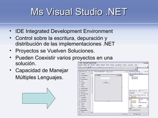 Ms Visual Studio .NETMs Visual Studio .NET
• IDE Integrated Development Environment
• Control sobre la escritura, depuración y
distribución de las implementaciones .NET
• Proyectos se Vuelven Soluciones.
• Pueden Coexistir varios proyectos en una
solución.
• Capacidad de Manejar
Múltiples Lenguajes.
 