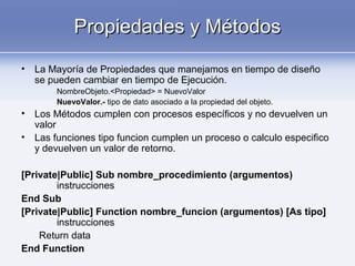 Propiedades y MétodosPropiedades y Métodos
• La Mayoría de Propiedades que manejamos en tiempo de diseño
se pueden cambiar en tiempo de Ejecución.
NombreObjeto.<Propiedad> = NuevoValor
NuevoValor.- tipo de dato asociado a la propiedad del objeto.
• Los Métodos cumplen con procesos específicos y no devuelven un
valor
• Las funciones tipo funcion cumplen un proceso o calculo especifico
y devuelven un valor de retorno.
[Private|Public] Sub nombre_procedimiento (argumentos)
instrucciones
End Sub
[Private|Public] Function nombre_funcion (argumentos) [As tipo]
instrucciones
Return data
End Function
 