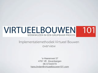 Implementatiemethodiek Virtueel Bouwen
              overview


                  ‘s-Heerenwei 57
               4761 VE Zevenbergen
                    06-57342270
       hans.linden@virtueelbouwen101.com
                      1
 