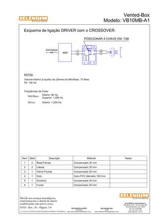 A L T O - F A L A N T E S 
Esquema de ligação DRIVER com o CROSSOVER: 
POSICIONAR A CHAVE EM -7dB 
Volume Interno (Líquido) da Câmara do Mid-Bass: 15 litros. 
Fb: 100 Hz 
Freqüências de Corte: 
Inferior: 80 Hz. 
Superior: 1.200 Hz. Mid-Bass: 
Driver: Inferior: 1.200 Hz. 
Ítem Qtde Descrição Material Notas 
1 2 Base/Tampa Compensado 20 mm 
2 2 Lateral Compensado 20 mm 
3 1 Painel Frontal Compensado 20 mm 
4 1 Duto Cano PVC diâmetro 100 mm 
5 1 Divisória Compensado 20 mm 
6 1 Fundo Compensado 20 mm 
Devido aos avanços tecnológicos, 
reservamos-nos o direito de inserir 
modificações sem prévio aviso. 
Vented-Box 
Modelo: VB10MB-A1 
ELETRÔNICA SELENIUM S.A. 
BR 386 Km 435 - CEP: 92.480-000 
Nova Santa Rita - RS - Brasil 
Tel.: (51) 479-4000 
Fax: (51) 479-1150 
www.selenium.com.br 
SELENIUM USA 
USA 
www.seleniumloudspeakers.com 
SELENIUM EUROPE 
Germany 
www.seleniumloudspeakers.com 
A L T O - F A L A N T E S 
03/03 - Rev.: 01 - Página: 3/4 
- 
+ - + 
AMP 
ENTRADA 
NOTAS: 
F:CAIXAS ACÚSTICASVENTED-BOXVB10MB-A1VB10MB-A1 
 