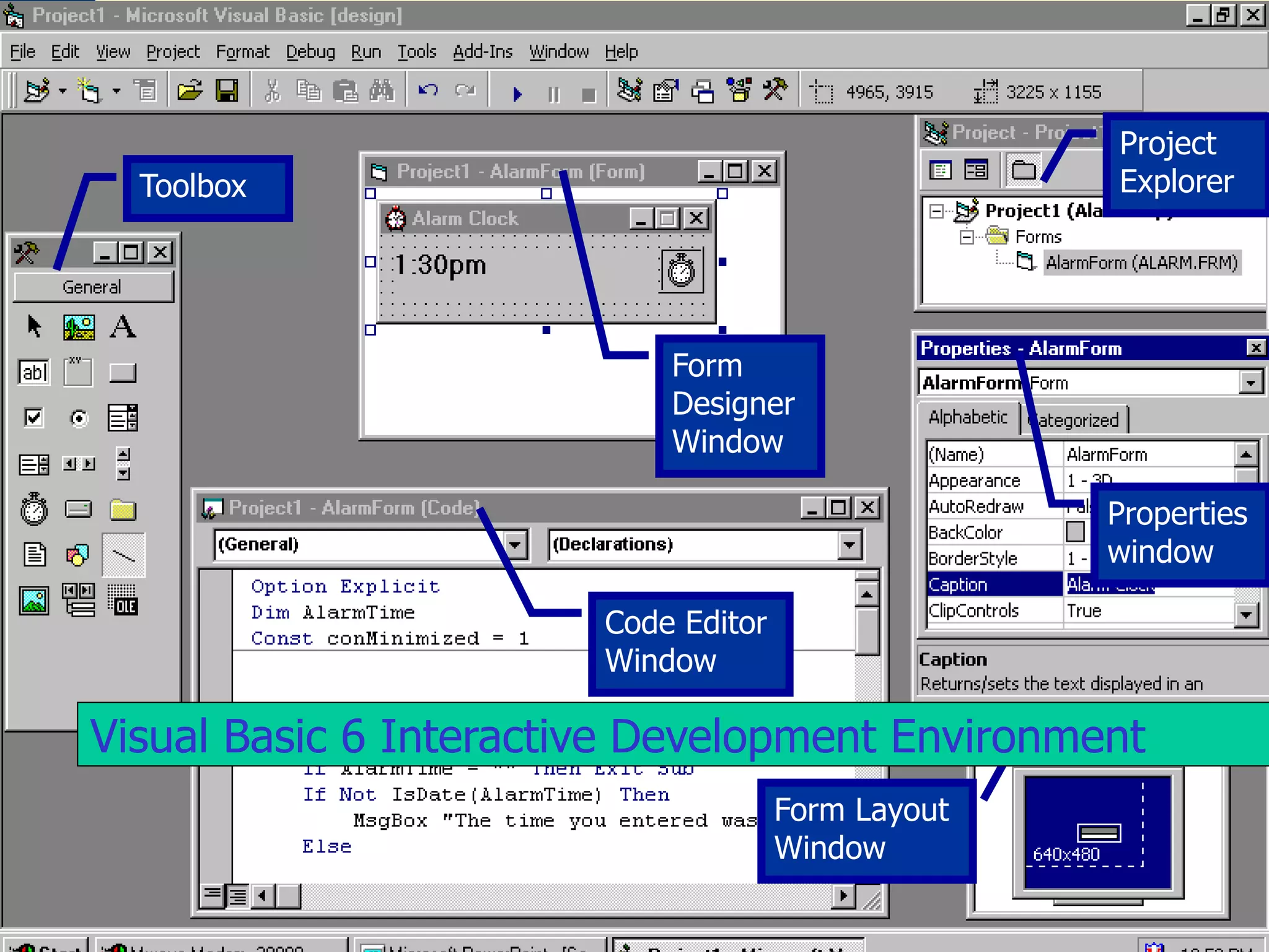 Exploring MS Visual Basic 6 Copyright 1999 Prentice-Hall, Inc. 13 Toolbox Form Designer Window Code Editor Window Project Explorer Properties window Form Layout Window Visual Basic 6 Interactive Development Environment 