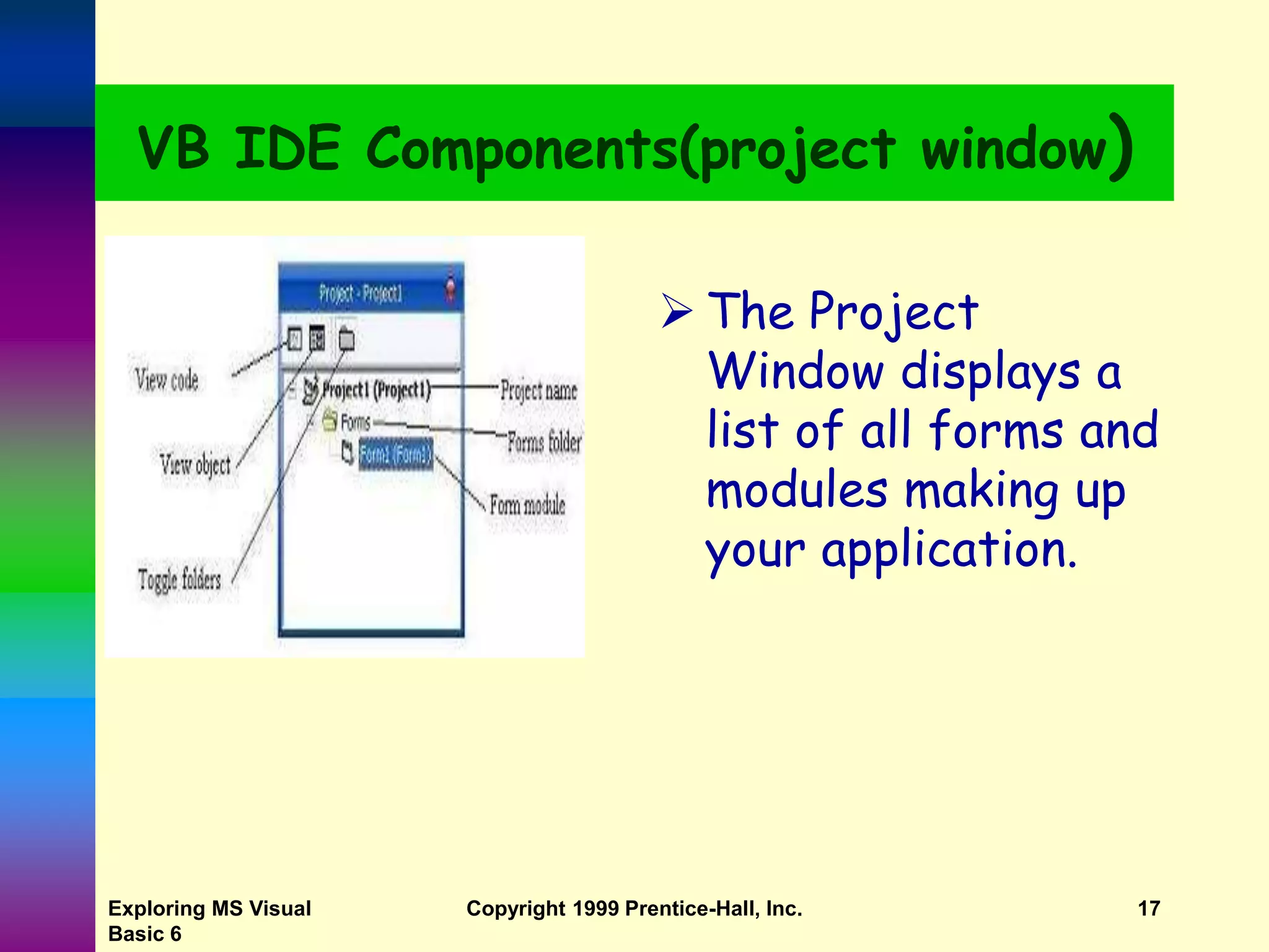 Exploring MS Visual Basic 6 Copyright 1999 Prentice-Hall, Inc. 17 VB IDE Components(project window)  The Project Window displays a list of all forms and modules making up your application. 