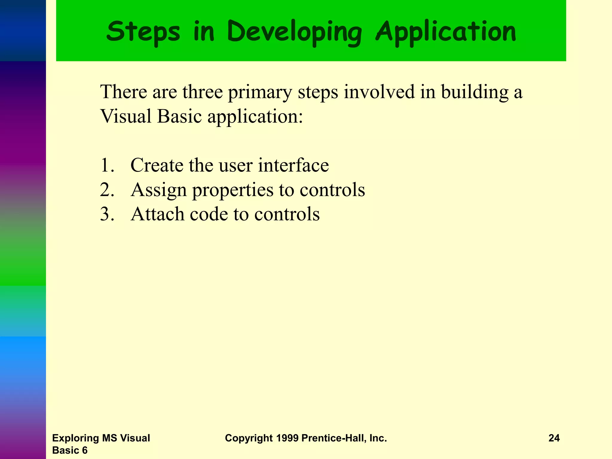 Exploring MS Visual Basic 6 Copyright 1999 Prentice-Hall, Inc. 24 Steps in Developing Application There are three primary steps involved in building a Visual Basic application: 1. Create the user interface 2. Assign properties to controls 3. Attach code to controls 