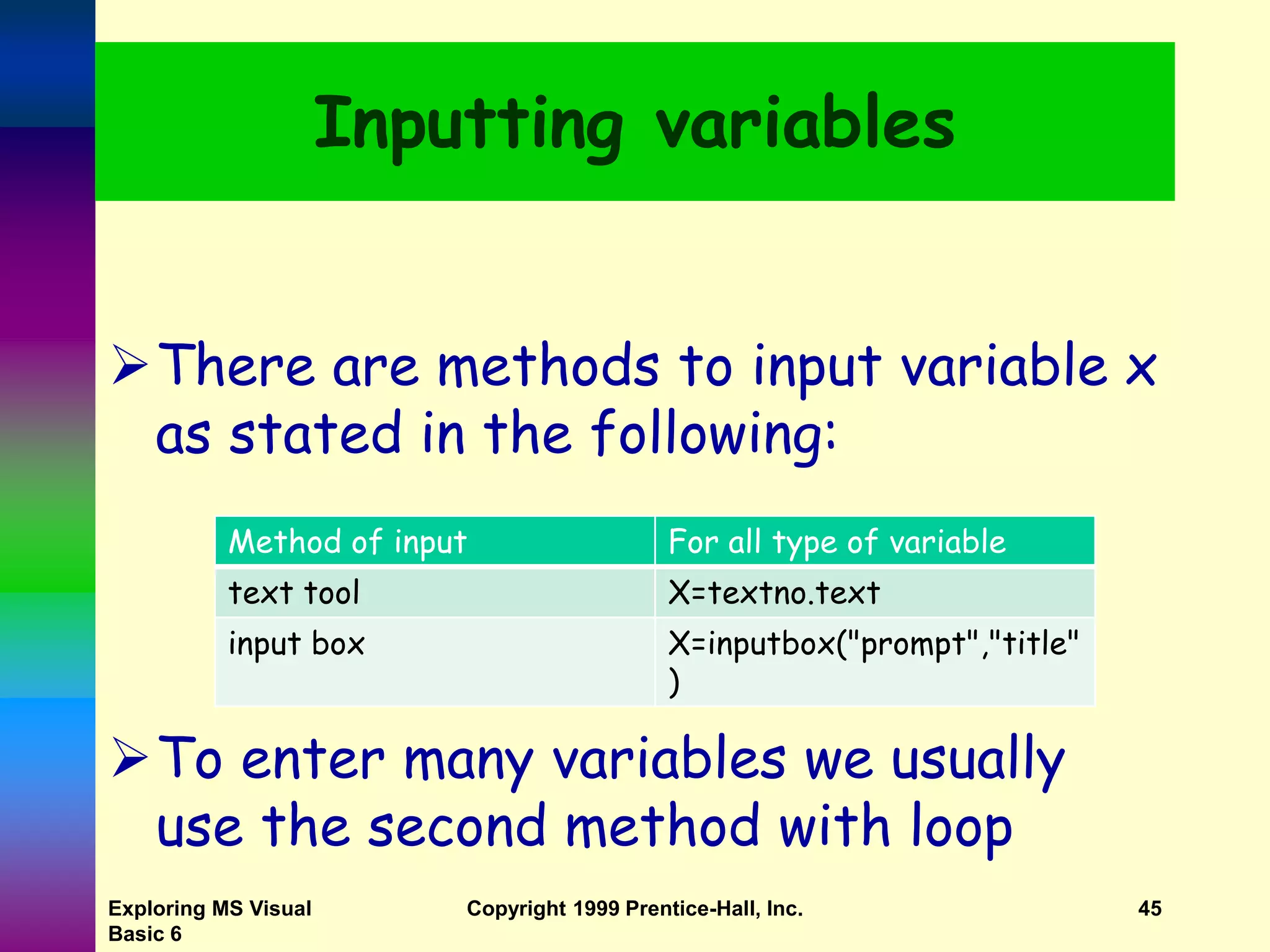 Exploring MS Visual Basic 6 Copyright 1999 Prentice-Hall, Inc. 45 Inputting variables There are methods to input variable x as stated in the following: To enter many variables we usually use the second method with loop Method of input For all type of variable text tool X=textno.text input box X=inputbox("prompt","title" ) 