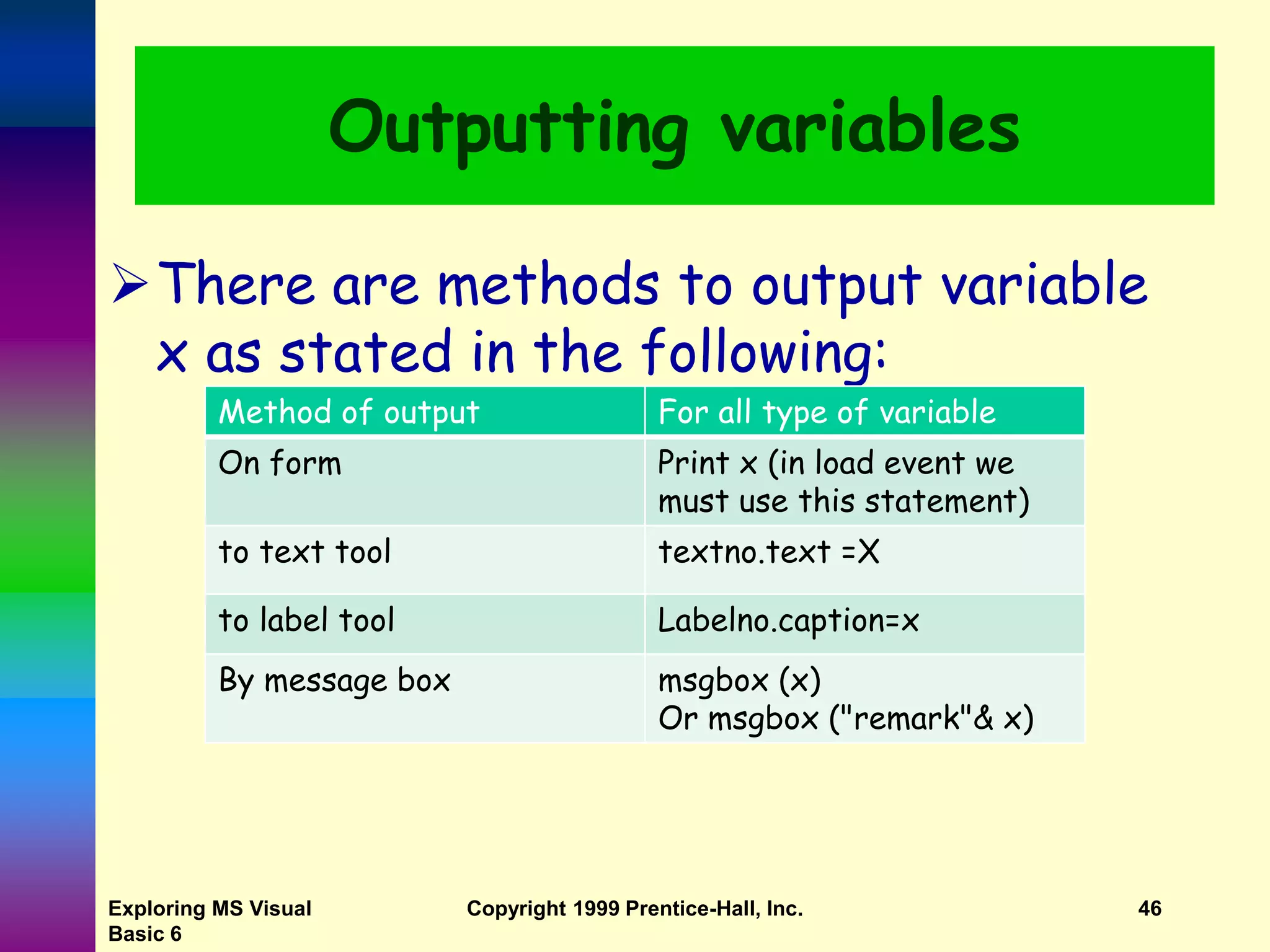 Exploring MS Visual Basic 6 Copyright 1999 Prentice-Hall, Inc. 46 Outputting variables There are methods to output variable x as stated in the following: Method of output For all type of variable On form Print x (in load event we must use this statement) to text tool textno.text =X to label tool Labelno.caption=x By message box msgbox (x) Or msgbox ("remark"& x) 
