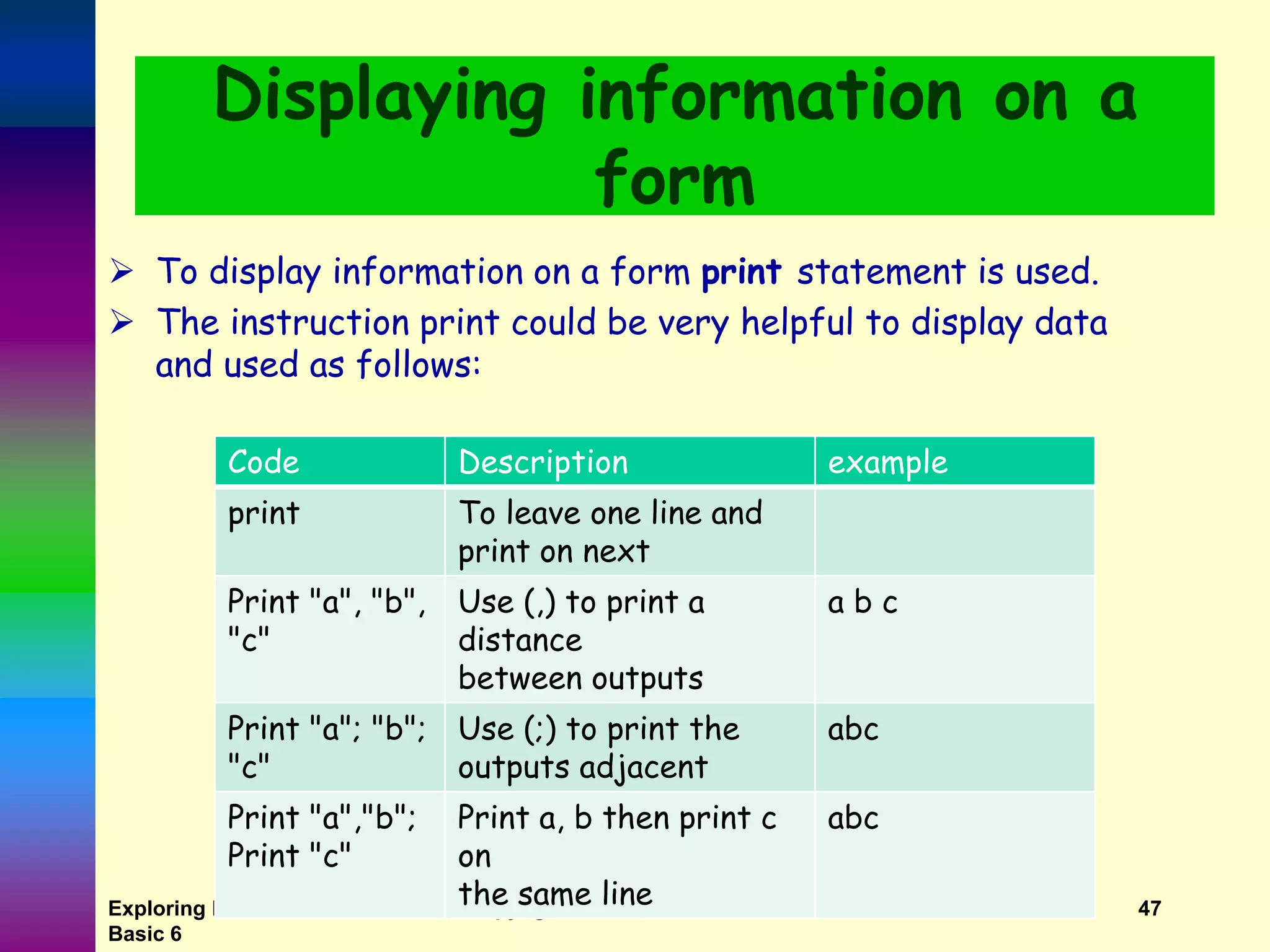 Exploring MS Visual Basic 6 Copyright 1999 Prentice-Hall, Inc. 47 Displaying information on a form  To display information on a form print statement is used.  The instruction print could be very helpful to display data and used as follows: Code Description example print To leave one line and print on next Print "a", "b", "c" Use (,) to print a distance between outputs a b c Print "a"; "b"; "c" Use (;) to print the outputs adjacent abc Print "a","b"; Print "c" Print a, b then print c on the same line abc 