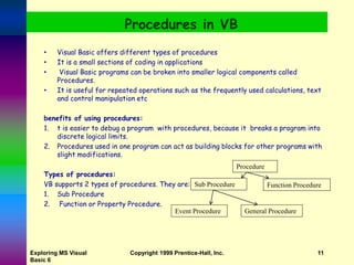Exploring MS Visual
Basic 6
Copyright 1999 Prentice-Hall, Inc. 11
Procedures in VB
• Visual Basic offers different types of procedures
• It is a small sections of coding in applications
• Visual Basic programs can be broken into smaller logical components called
Procedures.
• It is useful for repeated operations such as the frequently used calculations, text
and control manipulation etc
benefits of using procedures:
1. t is easier to debug a program with procedures, because it breaks a program into
discrete logical limits.
2. Procedures used in one program can act as building blocks for other programs with
slight modifications.
Types of procedures:
VB supports 2 types of procedures. They are:
1. Sub Procedure
2. Function or Property Procedure.
Procedure
Sub Procedure Function Procedure
Event Procedure General Procedure
 