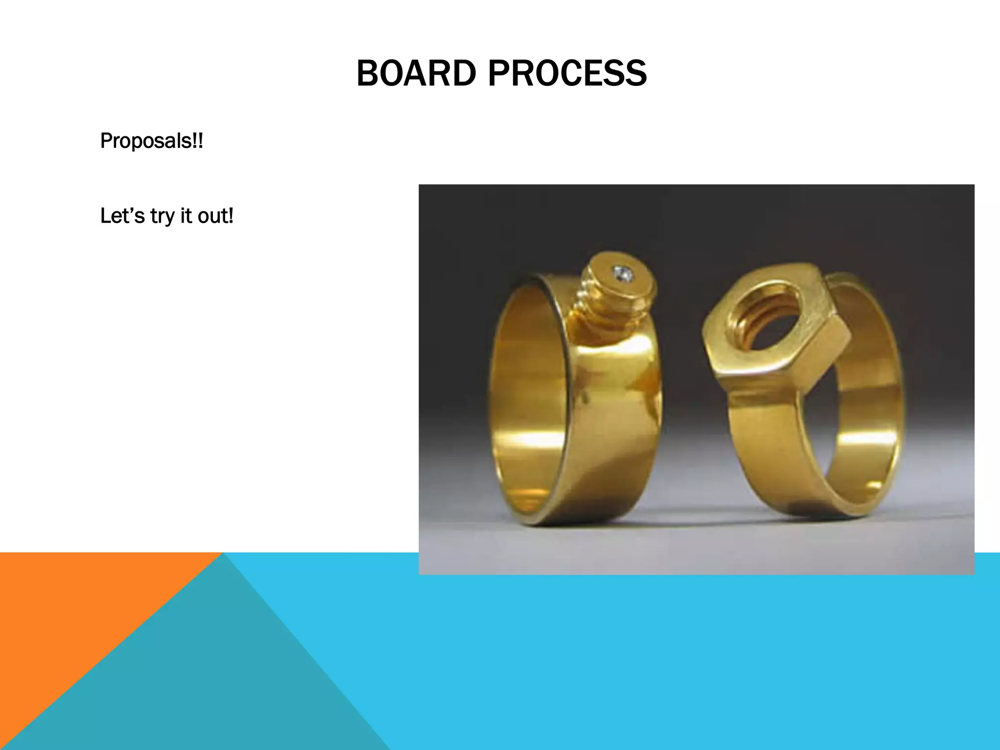 BOARD PROCESS 
Proposals!! 
Let’s try it out! 
 