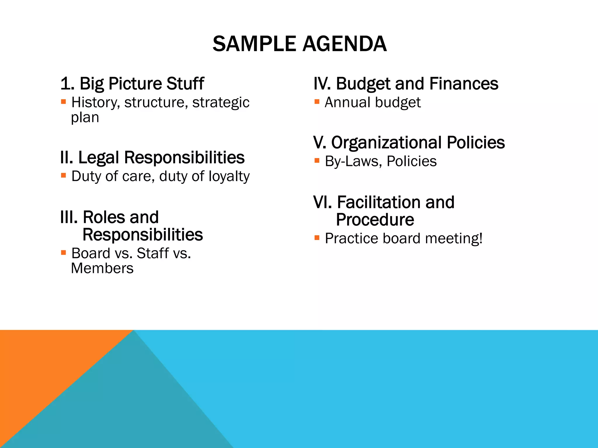 SAMPLE AGENDA 
1. Big Picture Stuff 
§ History, structure, strategic 
plan 
II. Legal Responsibilities 
§ Duty of care, duty of loyalty 
III. Roles and 
Responsibilities 
§ Board vs. Staff vs. 
Members 
IV. Budget and Finances 
§ Annual budget 
V. Organizational Policies 
§ By-Laws, Policies 
VI. Facilitation and 
Procedure 
§ Practice board meeting! 
 