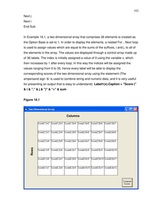 102
Next j
Next i
End Sub


In Example 18.1, a two dimensional array that comprises 36 elements is created as
the Option Base is set to 1. In order to display the elements, a nested For…Next loop
is used to assign values which are equal to the sums of the suffixes, i and j, to all of
the elements in the array. The values are displayed through a control array made up
of 36 labels. The index is initially assigned a value of 0 using the variable x, which
then increases by 1 after every loop. In this way the indices will be assigned the
values ranging from 0 to 35, hence every label will be able to display the
corresponding scores of the two dimensional array using the statement (The
ampersand sign ‘&’ is used to combine string and numeric data, and it is very useful
for presenting an output that is easy to understand): Label1(x).Caption = "Score ("
& i & "," & j & ")" & "=" & sum


Figure 18.1




                                  Columns
     Rows
 