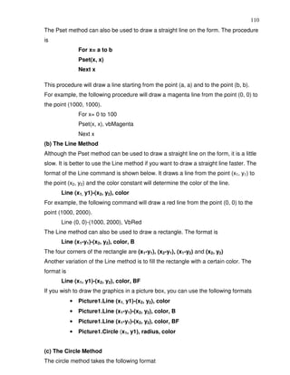 110
The Pset method can also be used to draw a straight line on the form. The procedure
is
                For x= a to b
                Pset(x, x)
                Next x

This procedure will draw a line starting from the point (a, a) and to the point (b, b).
For example, the following procedure will draw a magenta line from the point (0, 0) to
the point (1000, 1000).
                For x= 0 to 100
                Pset(x, x), vbMagenta
                Next x
(b) The Line Method
Although the Pset method can be used to draw a straight line on the form, it is a little
slow. It is better to use the Line method if you want to draw a straight line faster. The
format of the Line command is shown below. It draws a line from the point (x1, y1) to
the point (x2, y2) and the color constant will determine the color of the line.
       Line (x1, y1)-(x2, y2), color
For example, the following command will draw a red line from the point (0, 0) to the
point (1000, 2000).
       Line (0, 0)-(1000, 2000), VbRed
The Line method can also be used to draw a rectangle. The format is
       Line (x1-y1)-(x2, y2), color, B
The four corners of the rectangle are (x1-y1), (x2-y1), (x1-y2) and (x2, y2)
Another variation of the Line method is to fill the rectangle with a certain color. The
format is
       Line (x1, y1)-(x2, y2), color, BF
If you wish to draw the graphics in a picture box, you can use the following formats
            •   Picture1.Line (x1, y1)-(x2, y2), color
            •   Picture1.Line (x1-y1)-(x2, y2), color, B
            •   Picture1.Line (x1-y1)-(x2, y2), color, BF
            •   Picture1.Circle (x1, y1), radius, color


(c) The Circle Method
The circle method takes the following format
 
