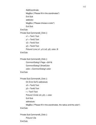 112
      AddCoordinate:
      MsgBox ("Please fill in the coordinates")
      Exit Sub
      addcolor:
      MsgBox ("Please choose a color")
      Exit Sub
End Sub
Private Sub Command2_Click ()
      x1 = Text1.Text
      y1 = Text2.Text
      x2 = Text3.Text
      y2 = Text4.Text
      Picture1.Line (x1, y1)-(x2, y2), color, B
End Sub


Private Sub Command3_Click ()
      CommonDialog1.Flags = &H1&
      CommonDialog1.ShowColor
      color = CommonDialog1.color
End Sub


Private Sub Command4_Click ()
      On Error GoTo addvalues
      x3 = Text5.Text
      y3 = Text6.Text
      r = Text7.Text
      Picture1.Circle (x3, y3), r, color
      Exit Sub
      addvalues:
      MsgBox ("Please fill in the coordinates, the radius and the color")
End Sub


Private Sub Command5_Click ()
      Picture1.Cls
End Sub
 