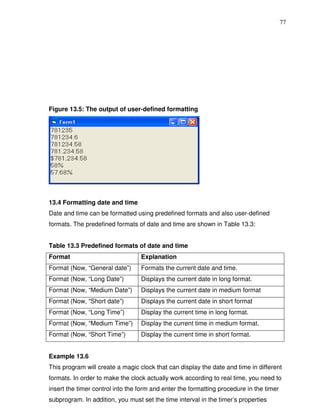 77




Figure 13.5: The output of user-defined formatting




13.4 Formatting date and time
Date and time can be formatted using predefined formats and also user-defined
formats. The predefined formats of date and time are shown in Table 13.3:


Table 13.3 Predefined formats of date and time
Format                            Explanation
Format (Now, “General date”)      Formats the current date and time.
Format (Now, “Long Date”)         Displays the current date in long format.
Format (Now, “Medium Date”)       Displays the current date in medium format
Format (Now, “Short date”)        Displays the current date in short format
Format (Now, “Long Time”)         Display the current time in long format.
Format (Now, “Medium Time”)       Display the current time in medium format.
Format (Now, “Short Time”)        Display the current time in short format.


Example 13.6
This program will create a magic clock that can display the date and time in different
formats. In order to make the clock actually work according to real time, you need to
insert the timer control into the form and enter the formatting procedure in the timer
subprogram. In addition, you must set the time interval in the timer’s properties
 