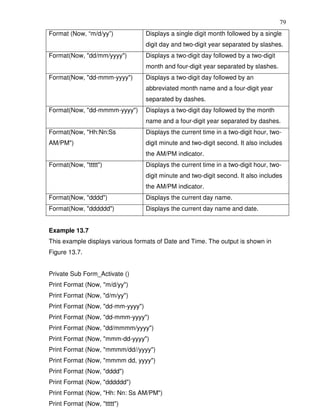 79
Format (Now, “m/d/yy”)             Displays a single digit month followed by a single
                                   digit day and two-digit year separated by slashes.
Format(Now, "dd/mm/yyyy")          Displays a two-digit day followed by a two-digit
                                   month and four-digit year separated by slashes.
Format(Now, "dd-mmm-yyyy")         Displays a two-digit day followed by an
                                   abbreviated month name and a four-digit year
                                   separated by dashes.
Format(Now, "dd-mmmm-yyyy")        Displays a two-digit day followed by the month
                                   name and a four-digit year separated by dashes.
Format(Now, "Hh:Nn:Ss              Displays the current time in a two-digit hour, two-
AM/PM")                            digit minute and two-digit second. It also includes
                                   the AM/PM indicator.
Format(Now, "ttttt")               Displays the current time in a two-digit hour, two-
                                   digit minute and two-digit second. It also includes
                                   the AM/PM indicator.
Format(Now, "dddd")                Displays the current day name.
Format(Now, "dddddd")              Displays the current day name and date.


Example 13.7
This example displays various formats of Date and Time. The output is shown in
Figure 13.7.


Private Sub Form_Activate ()
Print Format (Now, "m/d/yy")
Print Format (Now, "d/m/yy")
Print Format (Now, "dd-mm-yyyy")
Print Format (Now, "dd-mmm-yyyy")
Print Format (Now, "dd/mmmm/yyyy")
Print Format (Now, "mmm-dd-yyyy")
Print Format (Now, "mmmm/dd//yyyy")
Print Format (Now, "mmmm dd, yyyy")
Print Format (Now, "dddd")
Print Format (Now, "dddddd")
Print Format (Now, "Hh: Nn: Ss AM/PM")
Print Format (Now, "ttttt")
 