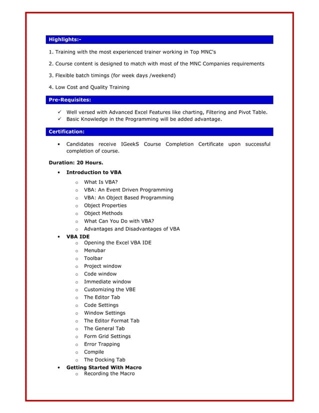 Excel Macros and VBA Programming Training Bangalore: | PDF