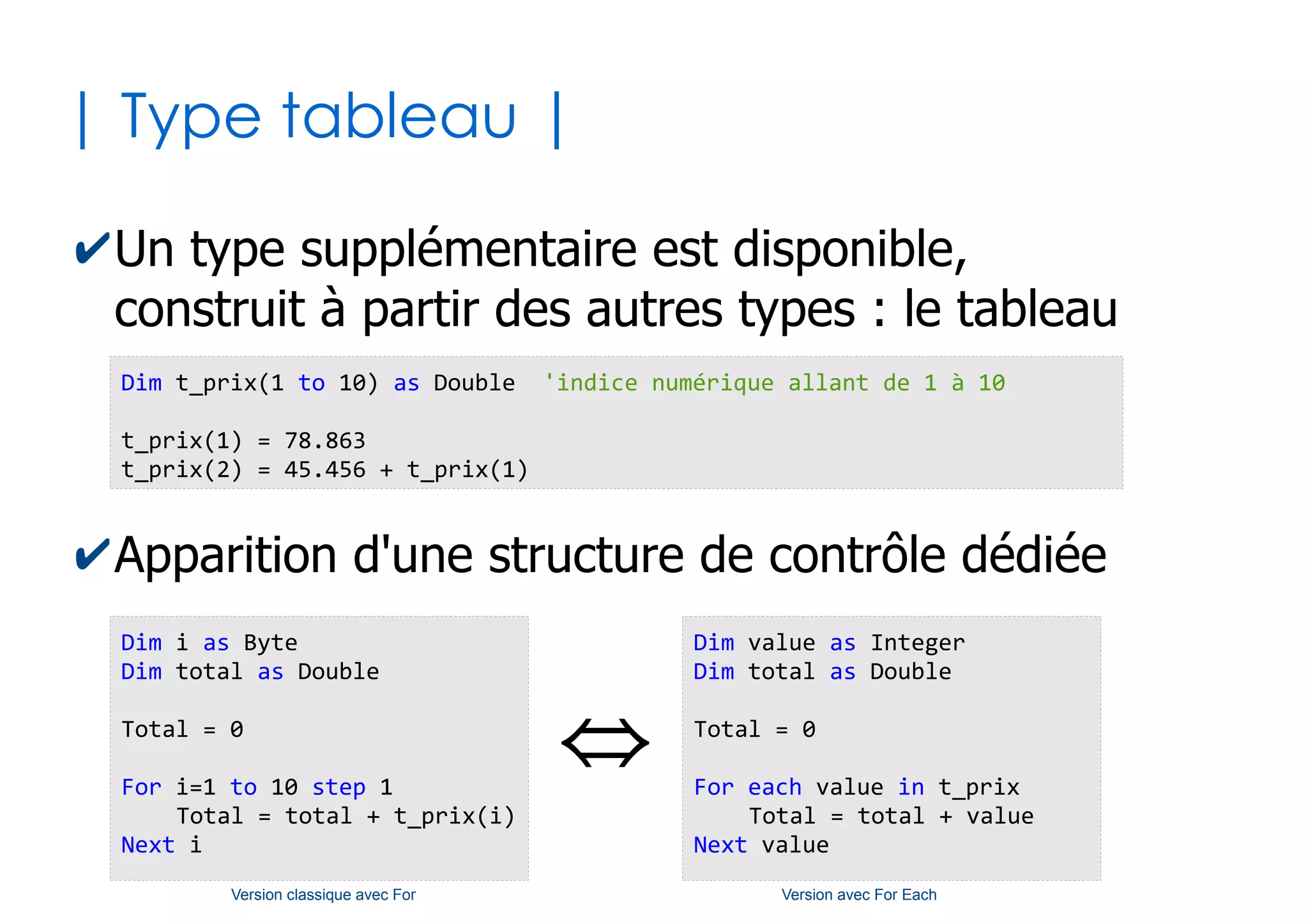 16
| Modes Lecture/Ecriture |
✔La position d'une variable par rapport à
l'opérateur d'affectation est primordial
●
A gauche de celui-ci : la variable est en mode écriture;
elle se réfère au contenant
●
A droite de celui-ci : la variable est en mode lecture;
elle se réfère au contenu
Const nb_siege_total as Integer = 450
Dim nb_siege_occupe as Integer
nb_siege_occupe = 45
nb_siege_occupe = nb_siege_total
nb_siege_occupe = nb_siege_occupe + 10
nb_siege_occupe = nb_siege_total _
* nb_siege_occupe ^ 0
Dites, pour chaque
variable ou constante,
si elle est utilisée
en lecture ou
bien en écriture
 