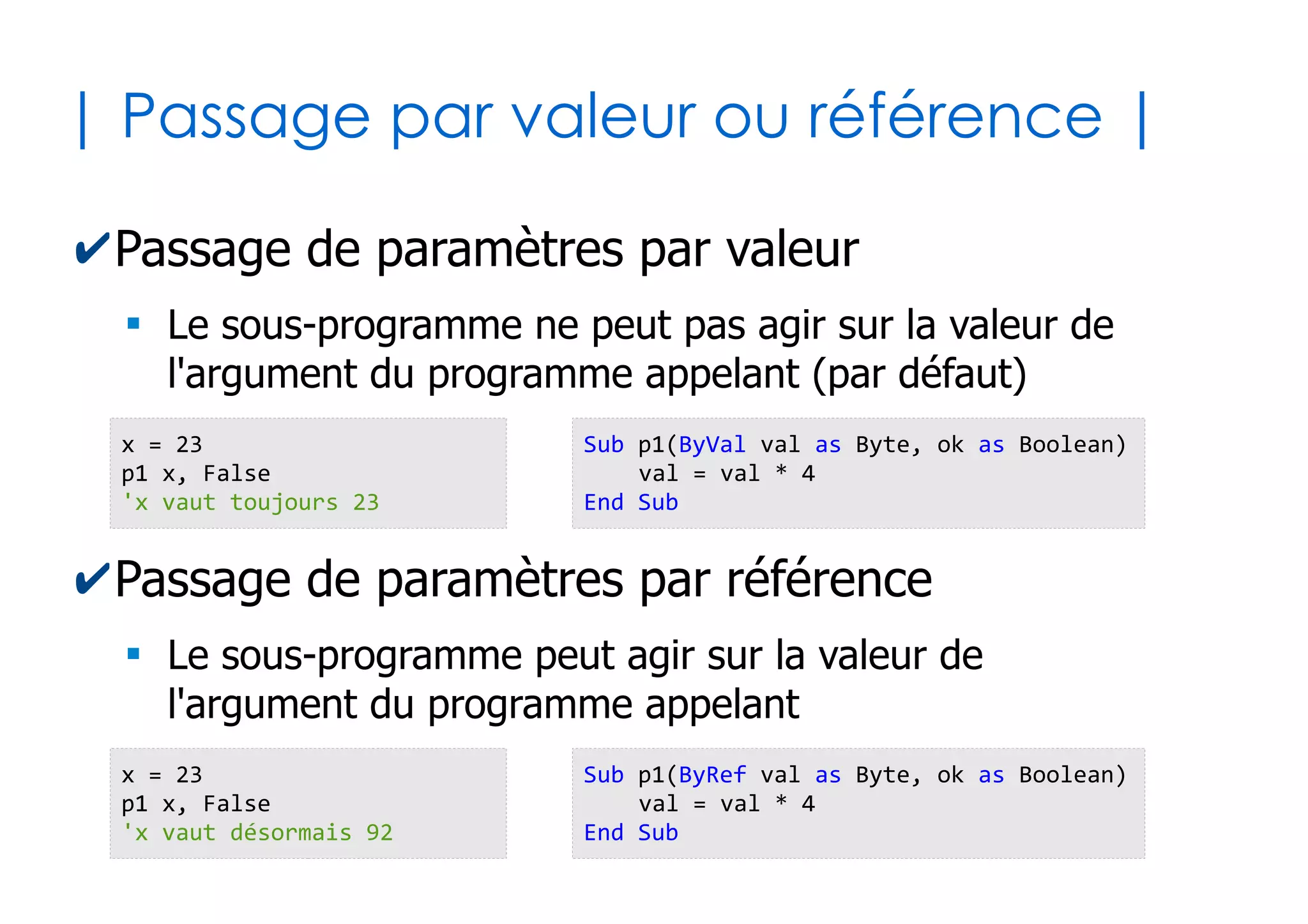29
|Exemple... |
✔Version à 2 paramètres, dont 1 est optionnel
●
Si l'on omet d'indiquer l'argument TVA, le calcul se fera
par défaut avec une TVA à 19.6% par défaut
Function calculerPrix(prixHT as Double, Optional TVA as Double = 19.60) as Double
Dim prixTTC as Double
prixTTC = prixHT + prixHT * TVA/100
calculerPrix = prixTTC
End Function
 