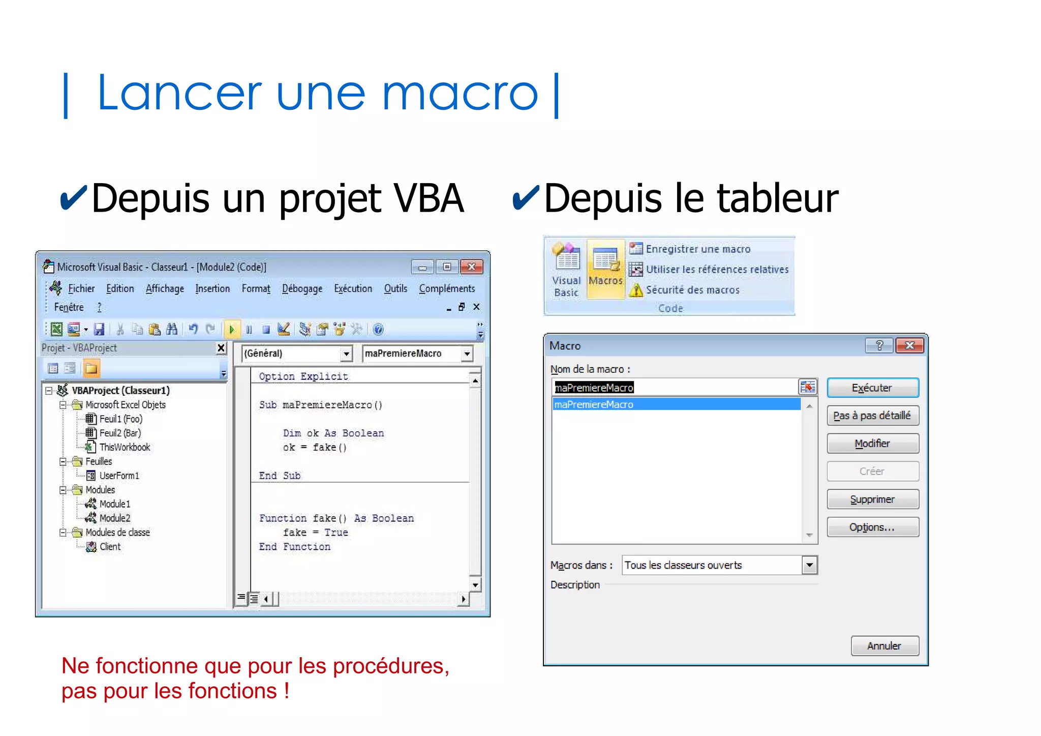 40
| Accès en cascade |
✔L'accès aux membres d'un même objet peut
avoir une syntaxe simplifiée
✔Très utile pour initialiser rapidement les
propriétés d'un objet notamment
Dim c1 as Client
Set c1 = new Client
c1.nom = "Le Goaër"
c1.prenom = "Olivier"
c1.sayHello
Dim c1 as Client
Set c1 = new Client
With c1
.nom = "Le Goaër"
.prenom = "Olivier"
.sayHello
End With
⇔
 
