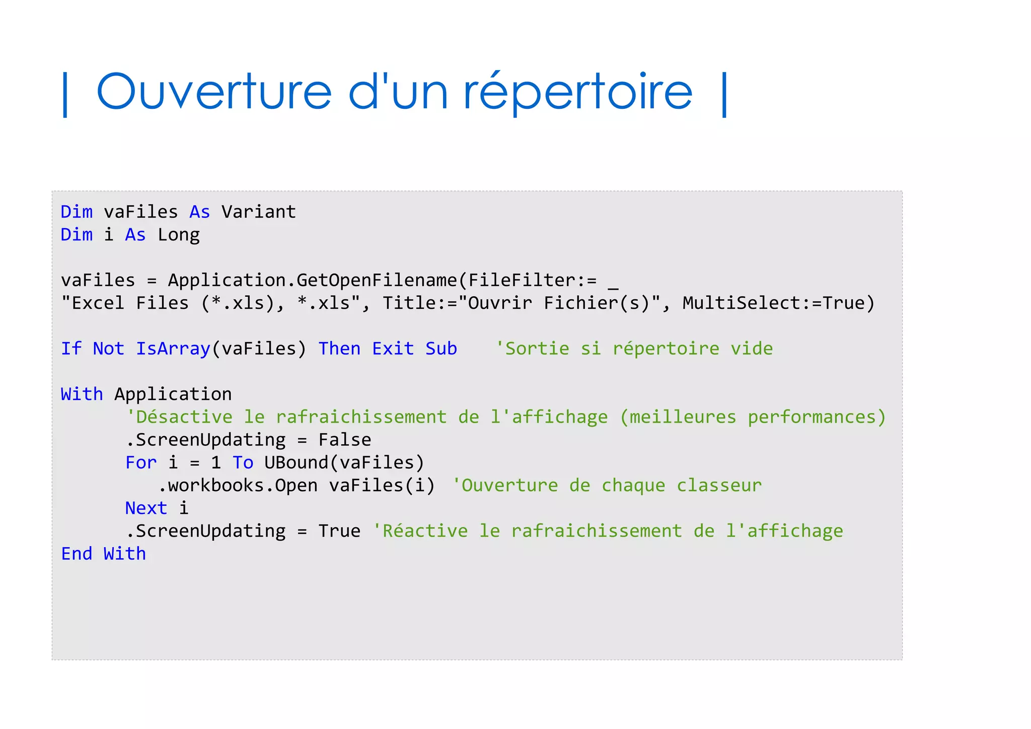 62
| Objets racines|
✔Les objets « racines » sont autant de points de
départ incontournables pour écrire votre code
Objet Classe Remarque
Application Application L'application Excel dans sa globalité
ThisWorkbook Workbook Le classeur auquel le code VBA est lié
ActiveWorkbook Workbook Le classeur actif actuellement
ActiveSheet Worksheet La feuille active actuellement
ActiveChart Chart Le graphique actif actuellement
ActiveCell Range Cellule active (de la feuille active)
Selection Range Plage sélectionnée actuellement
Me Workbook ou Worksheet
ou Form (selon le cas)
Est relatif à l'endroit où vous mettez le
code (Modules exclus)
Feuil1, Feuil2,
Feuil3, ...
Worksheet Incarne chaque feuille présente dans
le classeur auquel le code VBA est lié
 