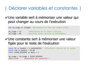 11
| Aspects lexicaux |
✔Séparateurs d'instructions
✔Commentaires
✔Césures
'Ceci est un commentaire en VB, totalement ignoré lors de l'exécution
CeciEstUneInstruction _
BeaucoupTropLongueAEcrireSurUneSeuleLigne
...
CeciEstUneInstruction
CeciEstUneAutreInstruction : SuiviDuneAutreSurLaMemeLigne
EtEnVoiciEncoreUneAutre
...
CoucouJeSuisLaDerniereInstruction
 