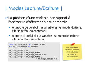 13
| Système de types |
✔La déclaration des variables peut être rendue
obligatoire avec en préambule (conseillé)
✔Types de bases (ou primitifs)
●
Nombres entiers : Byte, Integer, Long, LongLong, LongPtr
●
Nombres décimaux : Single, Double, Decimal, Currency
●
Valeurs booléennes : Boolean
●
Chaînes de caractères : String
●
Dates : Date
●
Union de tous les types : Variant
Option Explicit
 