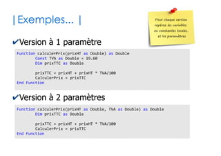 23
| Fonctions versus procédures |
Procedure
Fonction
#1
Procedure
#2
Fonction
#1.1
Procedure
#2.1
Procedure
#2.2
Fonction
#2.3
appelant appelant
appelant
appelant
appelant appelant
appelé appelé
appelé appelé appelé appelé
Resultat Retour
Resultat Retour
Resultat Retour
appelé
 