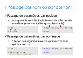 28
| Paramètres optionnels |
✔On peut considérer certains paramètres comme
pouvant être omis, placés en derniers
✔Il est alors nécessaire de leur choisir une valeur
littérale par défaut en cas d'ommission
Sub pumpItUp(a as Integer, b as Byte, Optional c as String)
...
... 'attention, c peut ne pas avoir de valeur !
...
End Sub
Sub pumpItUp(a as Integer, b as Byte, Optional c as String = "Olivier")
...
...
...
End Sub
 