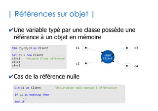 35
| Programmation objet |
✔Une classe d'objet est une structure regroupant
deux catégories de membres
●
Les propriétés : valeurs attachées aux objets (données)
●
Les méthodes : fonctions ou procédures attachés aux
objets (traitements)
'3 propriétés (les données)
nom as String
prenom as String
age as Byte
'1 méthode (le traitement)
Sub sayHello()
MsgBox "Je suis" & Me.nom & " " & Me.prenom
End Sub
Classe « Client »
Auto-référence avec
le mot clé « Me »
 