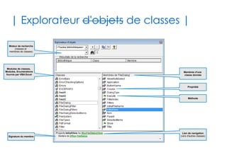 41
| Collection d'objets|
✔Un objet collection est un objet spécial qui sert
à contenir de 0 à n autres objets
✔Objet itérable à l'aide de For Each...Next
count as Long
item() as Truc
<<Collection>>
DesSuperTrucs
Function add() as Truc
Sub remove()
Sub clear()
Indique le nombre d'objets présents
dans la collection
Permet de récupérer un objet de la collection
(accès par index numérique*)
Vide la collection
Ajoute un nouvel objet à la collection.
Renvoi la référence à ce dernier
Supprime un objet de la collection
Dim unCertainTruc as Truc
For Each unCertainTruc in maCollec 'objet instance de DesSuperTrucs
unCertainTruc.uneMethodeDeLaClasseTruc()
Next
* ou par nom si la classe Truc possède spécifiquement une propriété name de type String
 