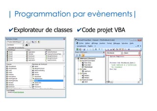 53
|Modèle objet Excel |
✔En VBA Excel, vous disposez d'un ensemble
d'objets déjà instanciés à partir de classes
●
Ces objets sont le strict reflet de ce que vous avez sous
les yeux dans le tableur Excel
✔Principe de synchronisation objet/tableur
●
Chaque action réalisée au niveau des objets a un
impact au niveau du tableur, et vice versa
✔La mauvaise idée de VBA Excel (selon moi)
●
Les objets et les propriétés portent souvent le même
nom que leurs classes d'appartenance -> confus
 