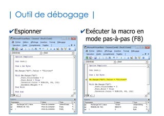 54
| Métaphore de l'iceberg |
Public name as String
Public path as String
...
Public Sub saveAs(Optional fileName as String, ...)
...
End Sub
...
Classe « WorkBook »
(préalablement définie par un
ingénieur de chez Microsoft)
Dim ThisWorkbook as WorkBook
Set ThisWorkbook = new WorkBook
ThisWorkbook.name = le_nom_du_classeur_chargé
ThisWorkbook.path = le_chemin_du_classeur_chargé
ThisWorkbook.saveAs filename:="Bilan Comptable.xlsx"
Code exécuté au
chargement du fichier Excel
(pour refléter ce que vous avez sous
les yeux : principe de synchronisation)
← Vous
 
